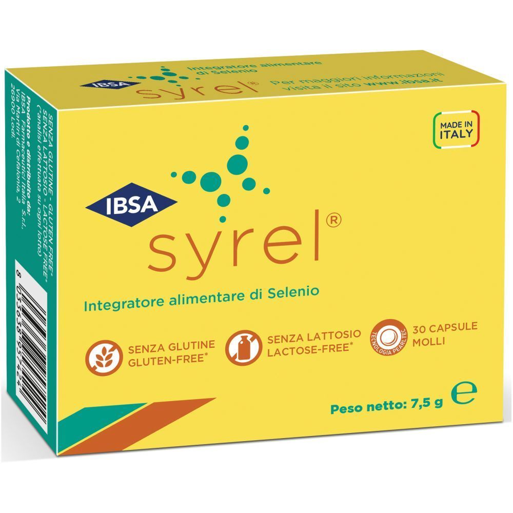 Scatola gialla "syrel". Contiene 30 capsule, senza glutine e lattosio. Prodotto in Italia. Contiene selenio.