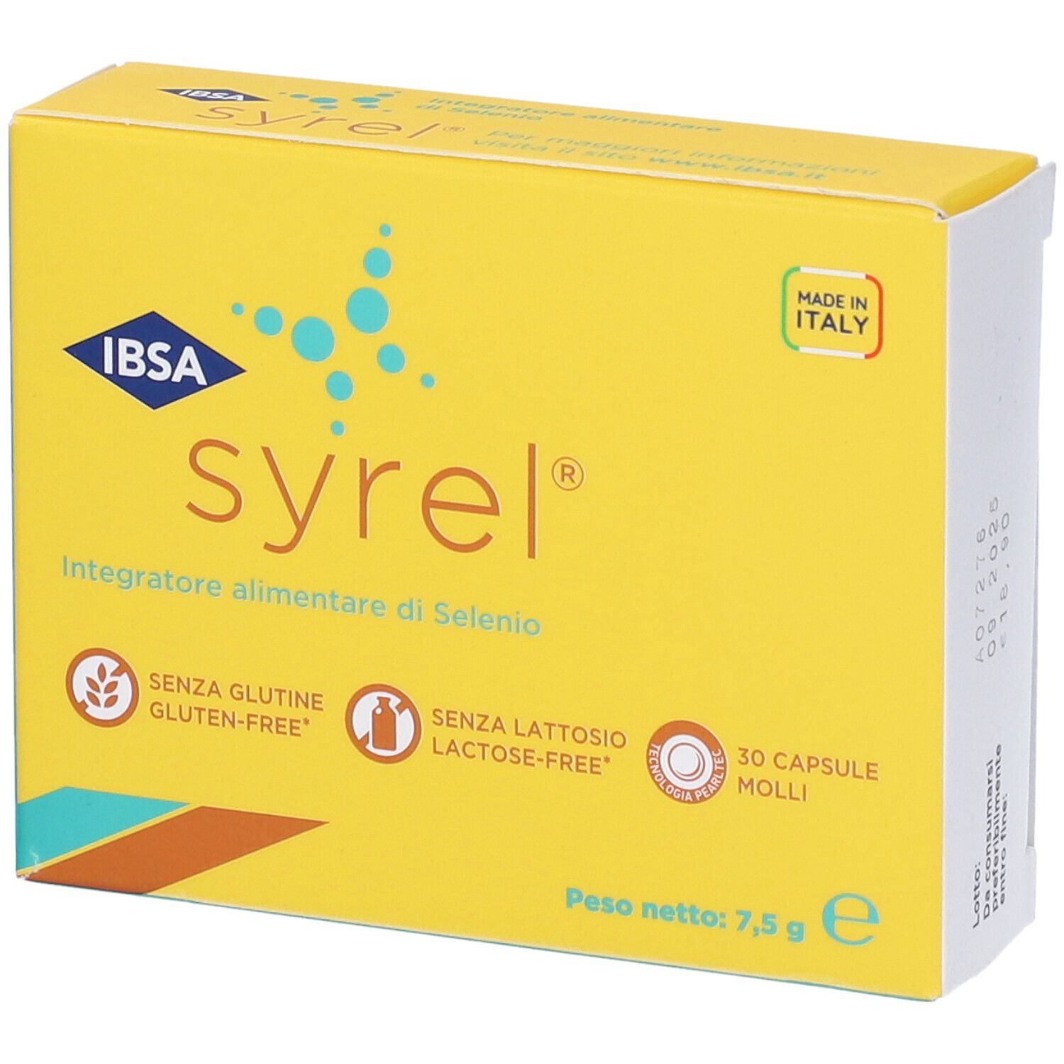 Scatola gialla "syrel". Contiene 30 capsule, senza glutine e lattosio. Prodotto in Italia. Contiene selenio.