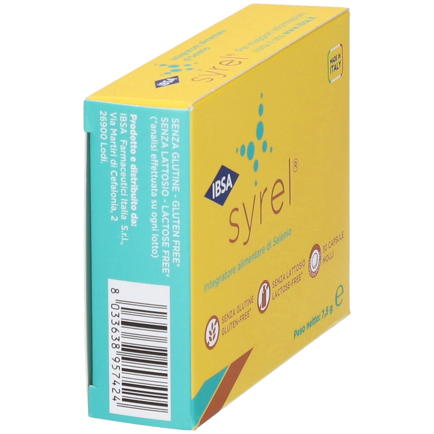 Scatola gialla "syrel". Contiene 30 capsule, senza glutine e lattosio. Prodotto in Italia. Contiene selenio.