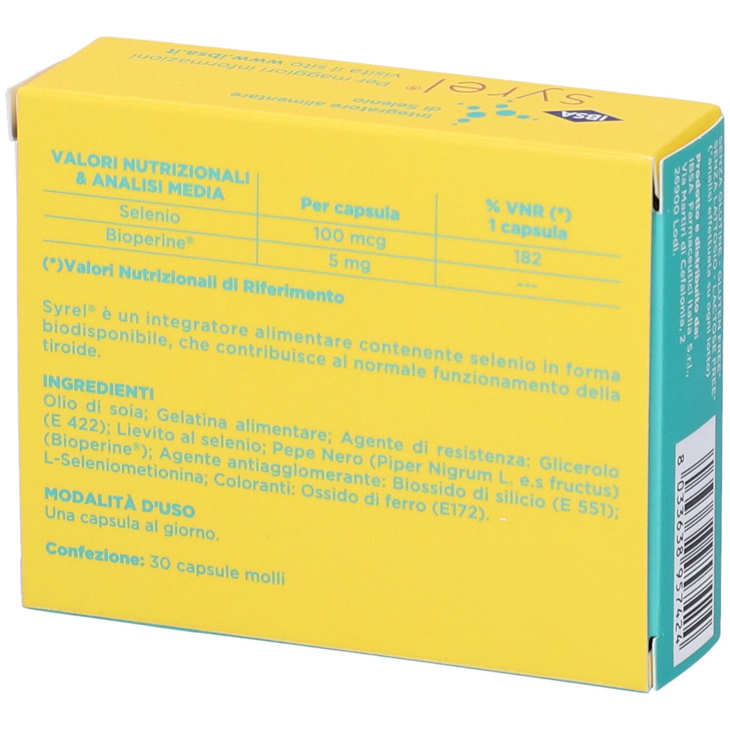 Retro della scatola gialla "syrel". Informazioni nutrizionali e ingredienti. 30 capsule. Prodotto in Italia.