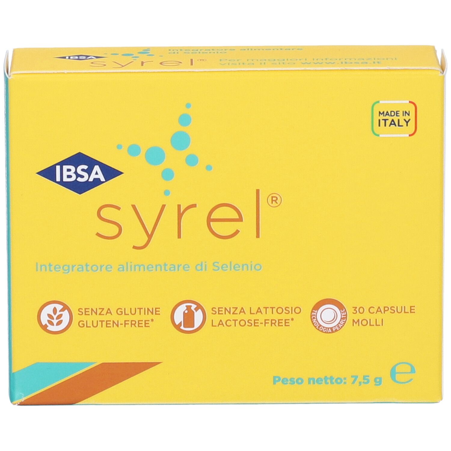 Scatola gialla "syrel". Contiene 30 capsule, senza glutine e lattosio. Prodotto in Italia. Contiene selenio.