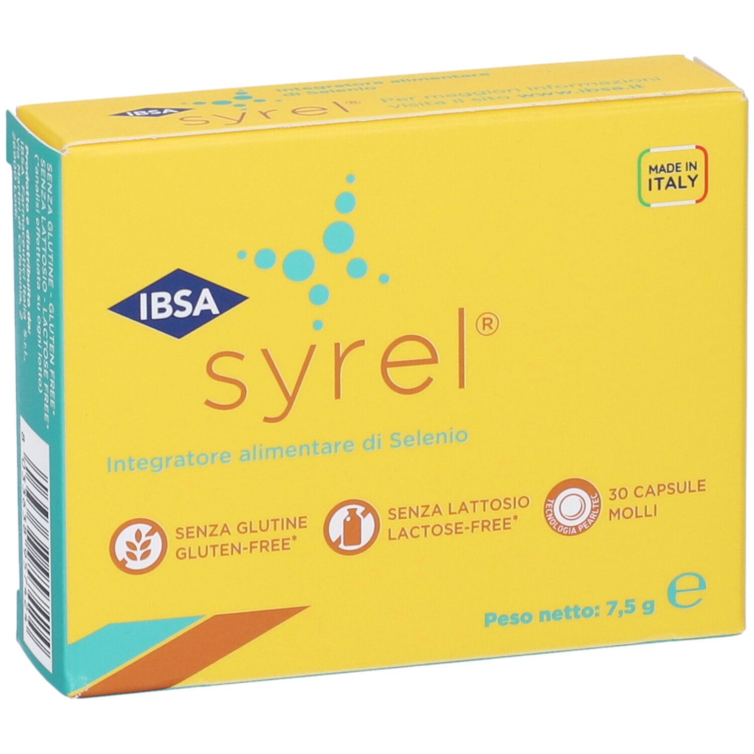 Scatola gialla "syrel". Contiene 30 capsule, senza glutine e lattosio. Prodotto in Italia. Contiene selenio.
