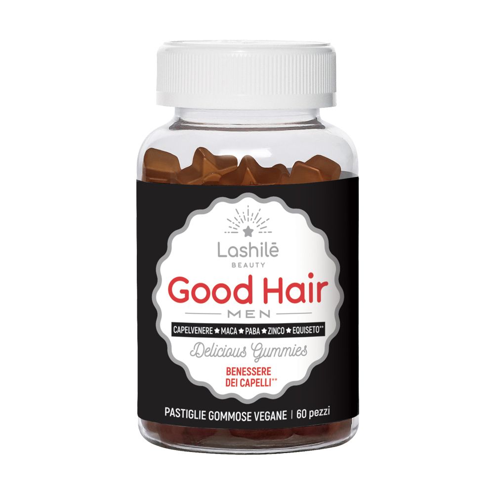 Flacone trasparente con caramelle gommose marroni. Etichetta nera con "Good Hair Men" e ingredienti. Tappo bianco.