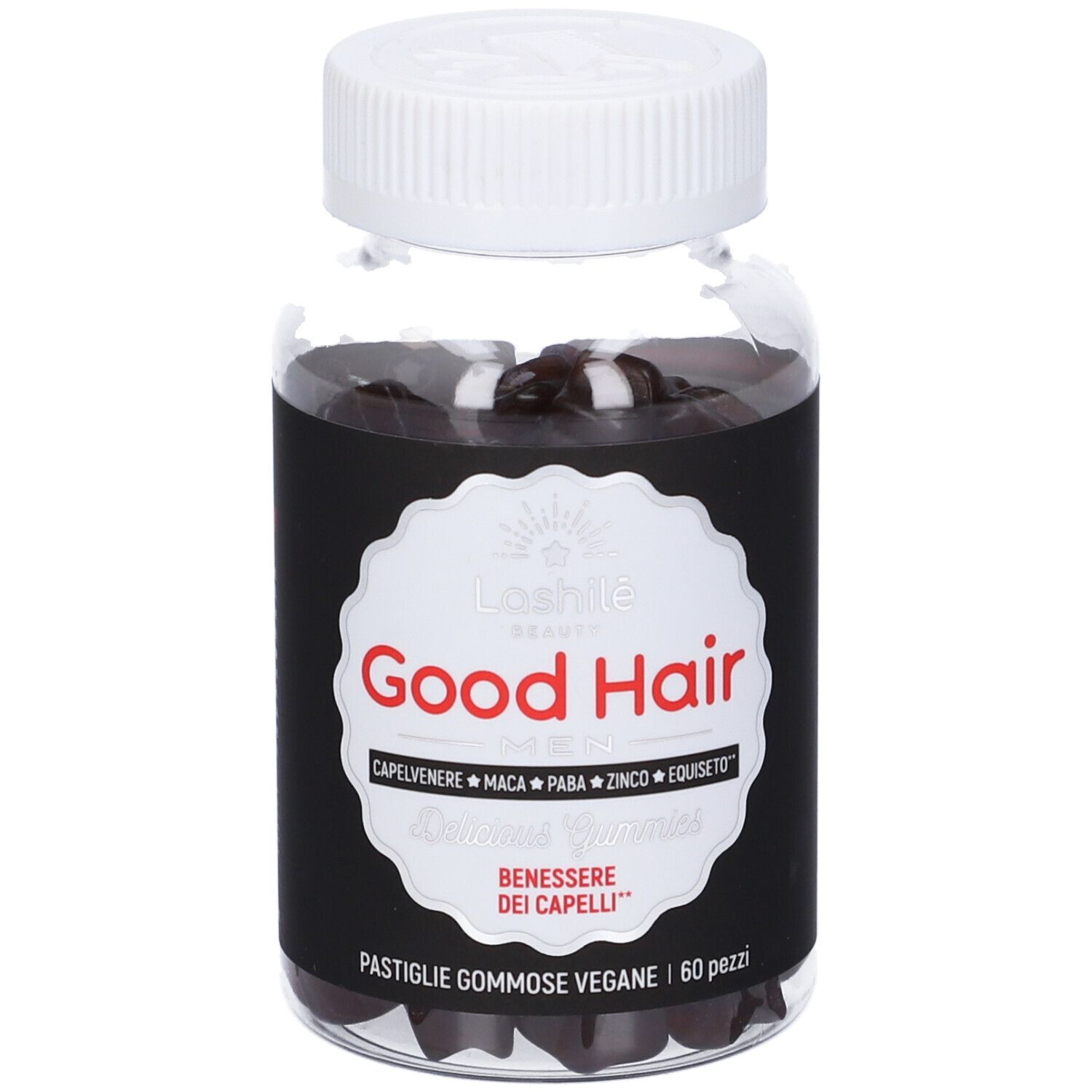 Flacone trasparente con caramelle gommose marroni. Etichetta nera con "Good Hair Men" e ingredienti. Tappo bianco.