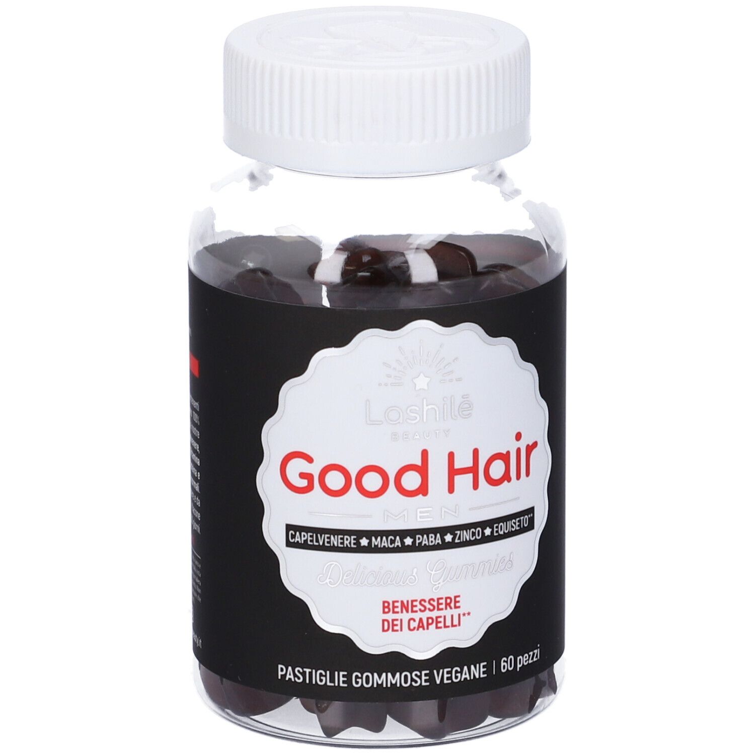 Flacone trasparente con caramelle gommose marroni. Etichetta nera con "Good Hair Men" e ingredienti. Tappo bianco.