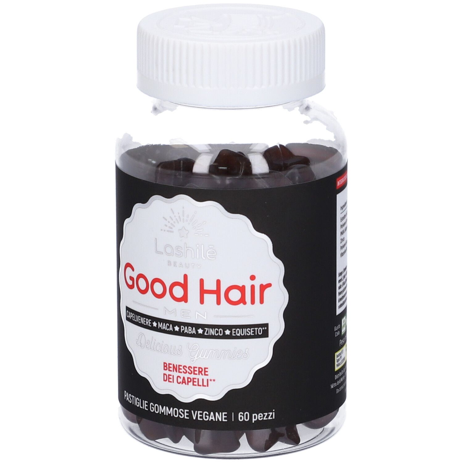 Flacone trasparente con caramelle gommose marroni. Etichetta nera con "Good Hair Men" e ingredienti. Tappo bianco.