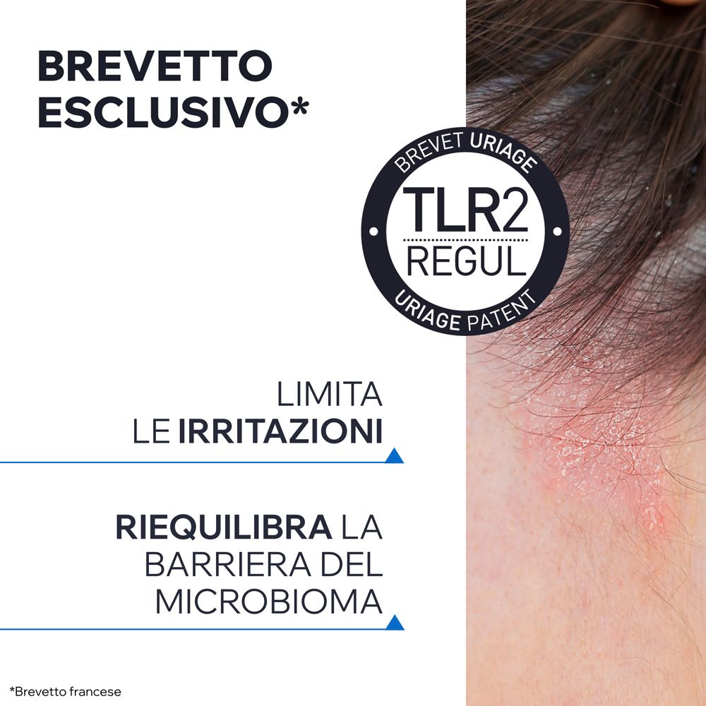 Kopfhaut mit Schuppen und Rötung, daneben ein Siegel mit "TLR2 Regul Uriage Patent".