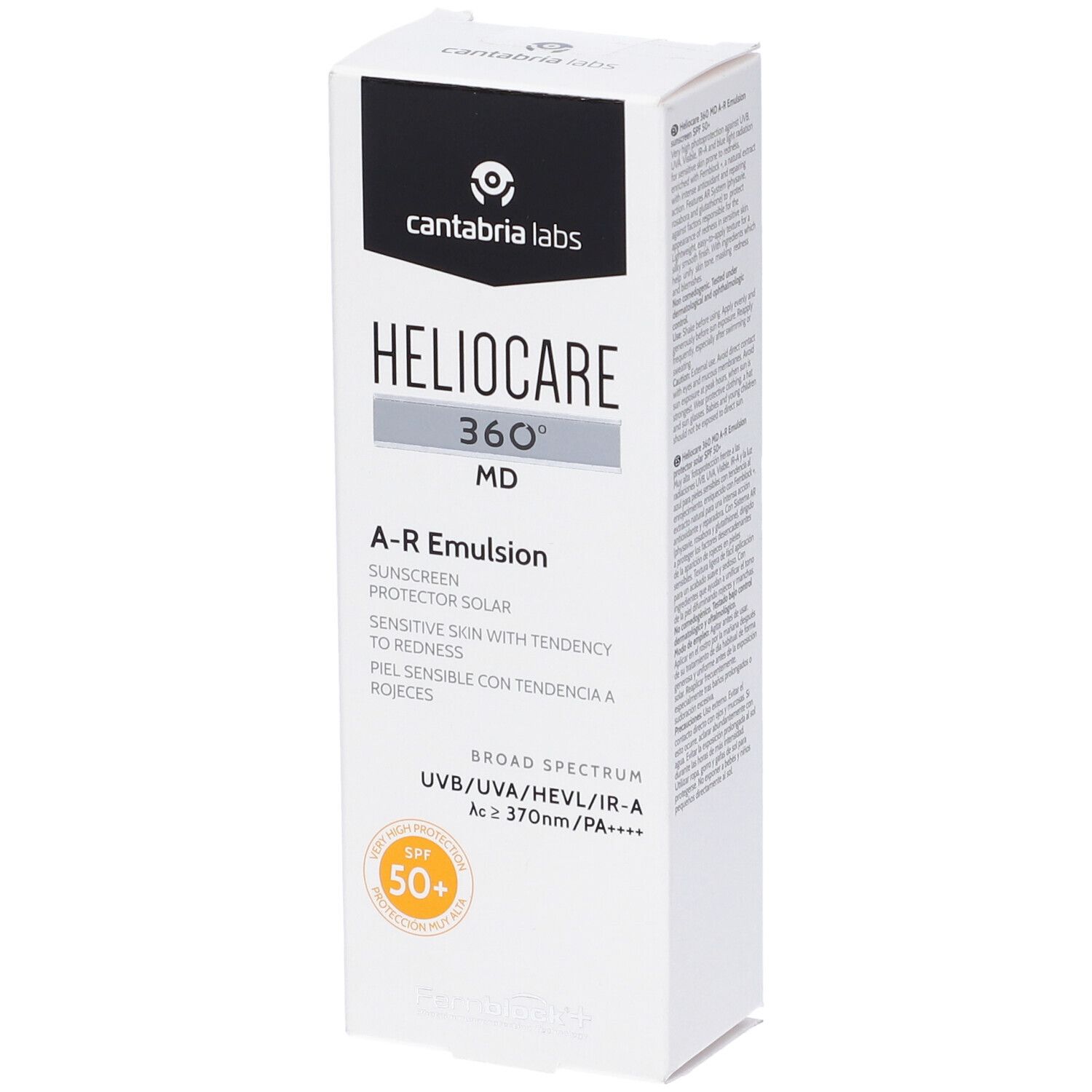 Confezione bianca con coperchio nero. Scritta: Heliocare 360° MD A-R Emulsion SPF 50+. Logo e informazioni sul prodotto.