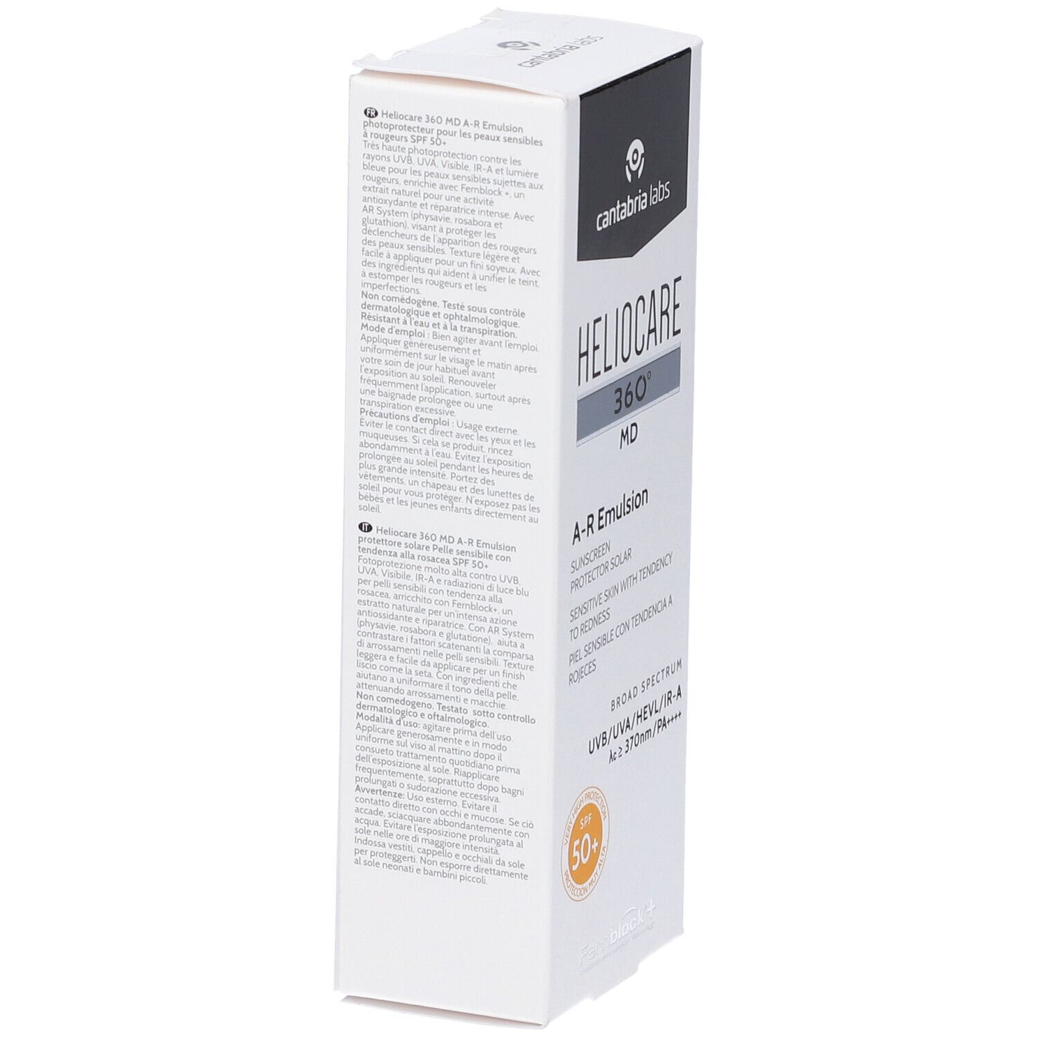 Confezione bianca con testo. Scritta: Heliocare 360° MD A-R Emulsion SPF 50+. Informazioni sul prodotto e logo.