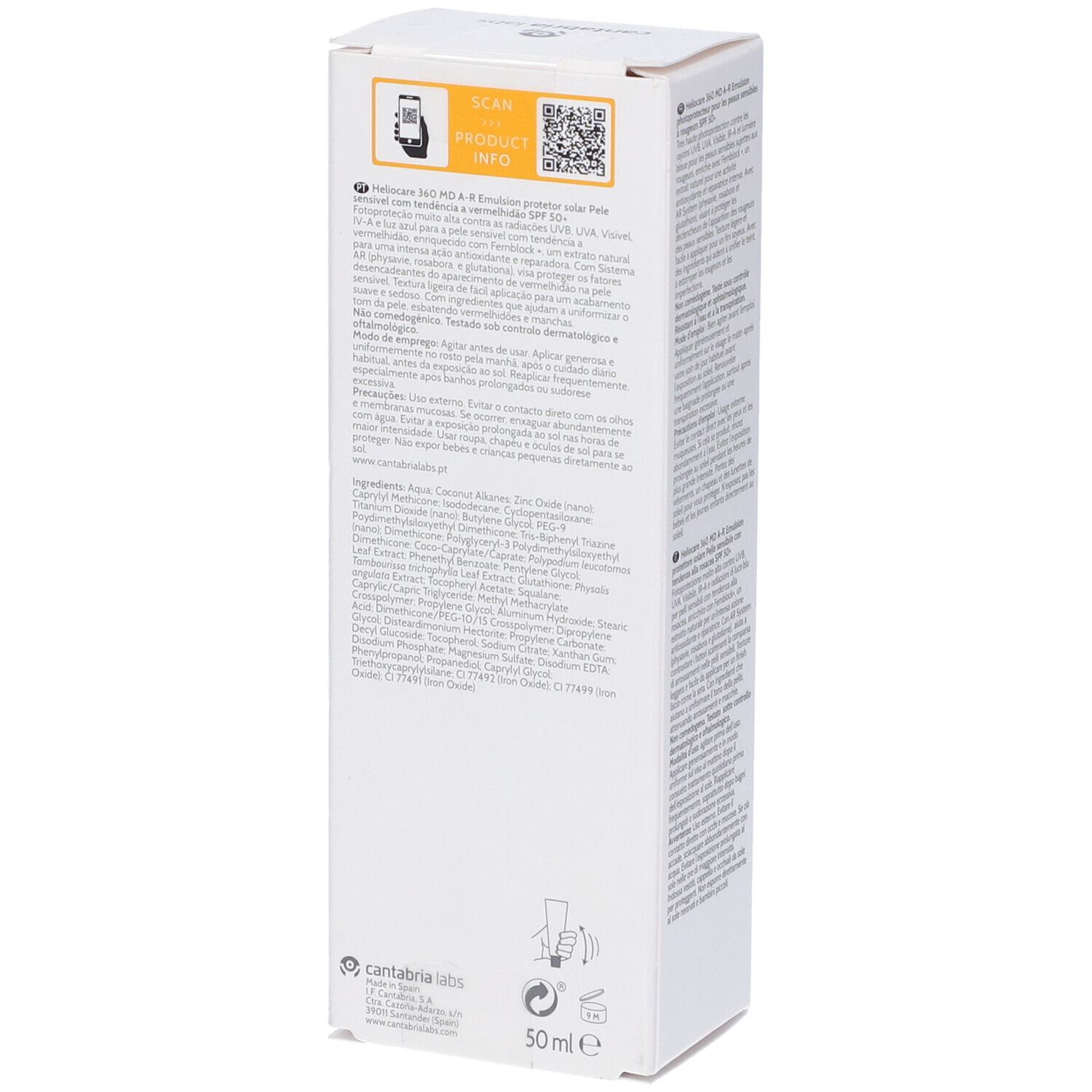 Confezione bianca con testo. Scritta: Heliocare 360° MD A-R Emulsion SPF 50+. Informazioni sul prodotto e logo.