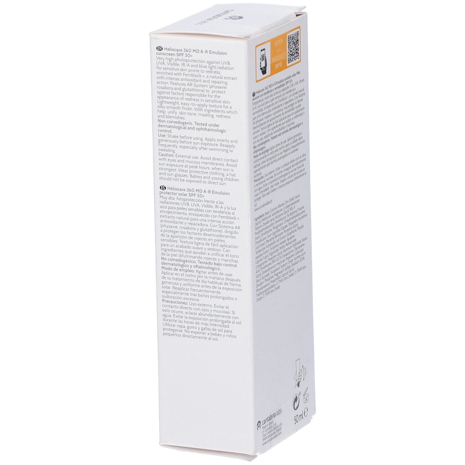 Confezione bianca con testo. Scritta: Heliocare 360° MD A-R Emulsion SPF 50+. Informazioni sul prodotto e logo.