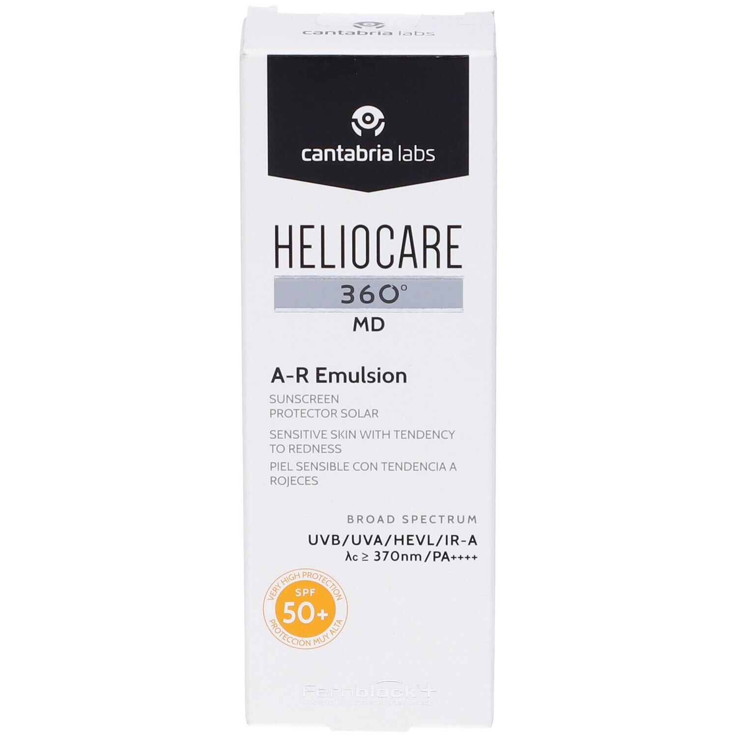 Confezione bianca con testo. Scritta: Heliocare 360° MD A-R Emulsion SPF 50+. Informazioni sul prodotto e logo.