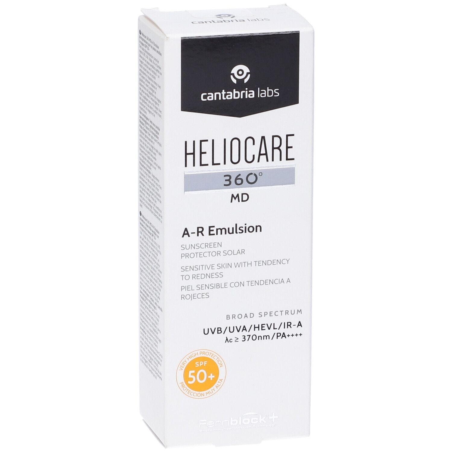 Confezione bianca con coperchio nero. Scritta: Heliocare 360° MD A-R Emulsion SPF 50+. Logo e informazioni sul prodotto.
