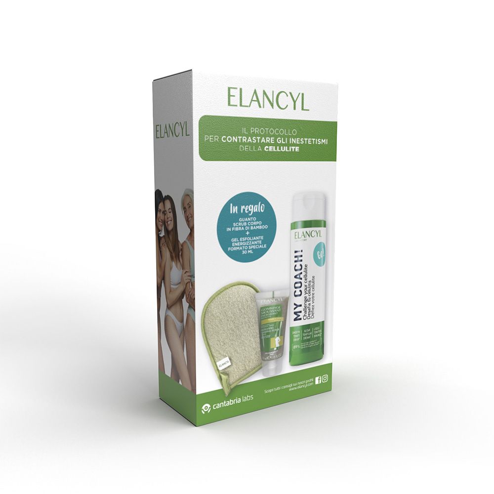Confezione Elancyl. Contiene scrub, gel e guanto massaggio. Testo: Elancyl, MY COACH!