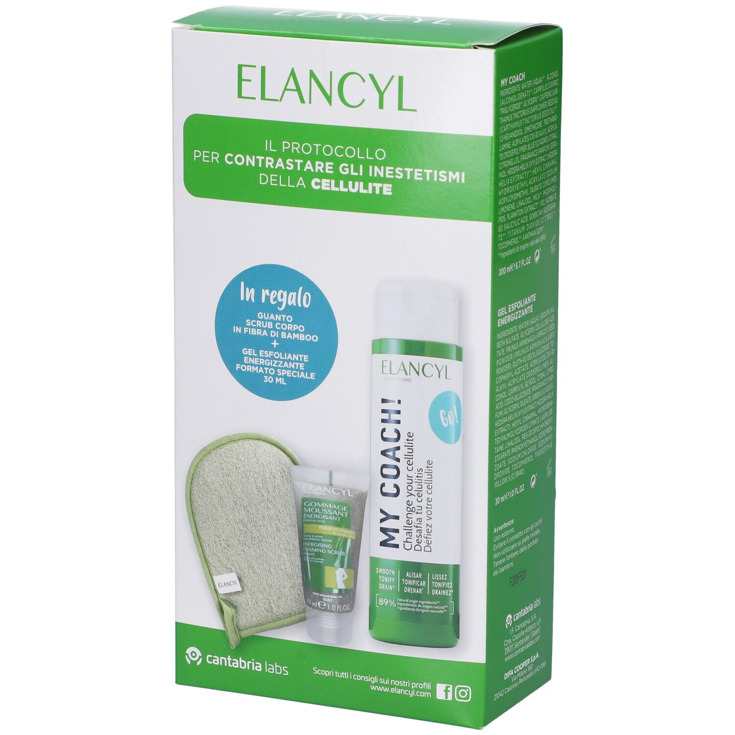 Confezione Elancyl. Contiene scrub, gel e guanto massaggio. Testo: Elancyl, MY COACH!