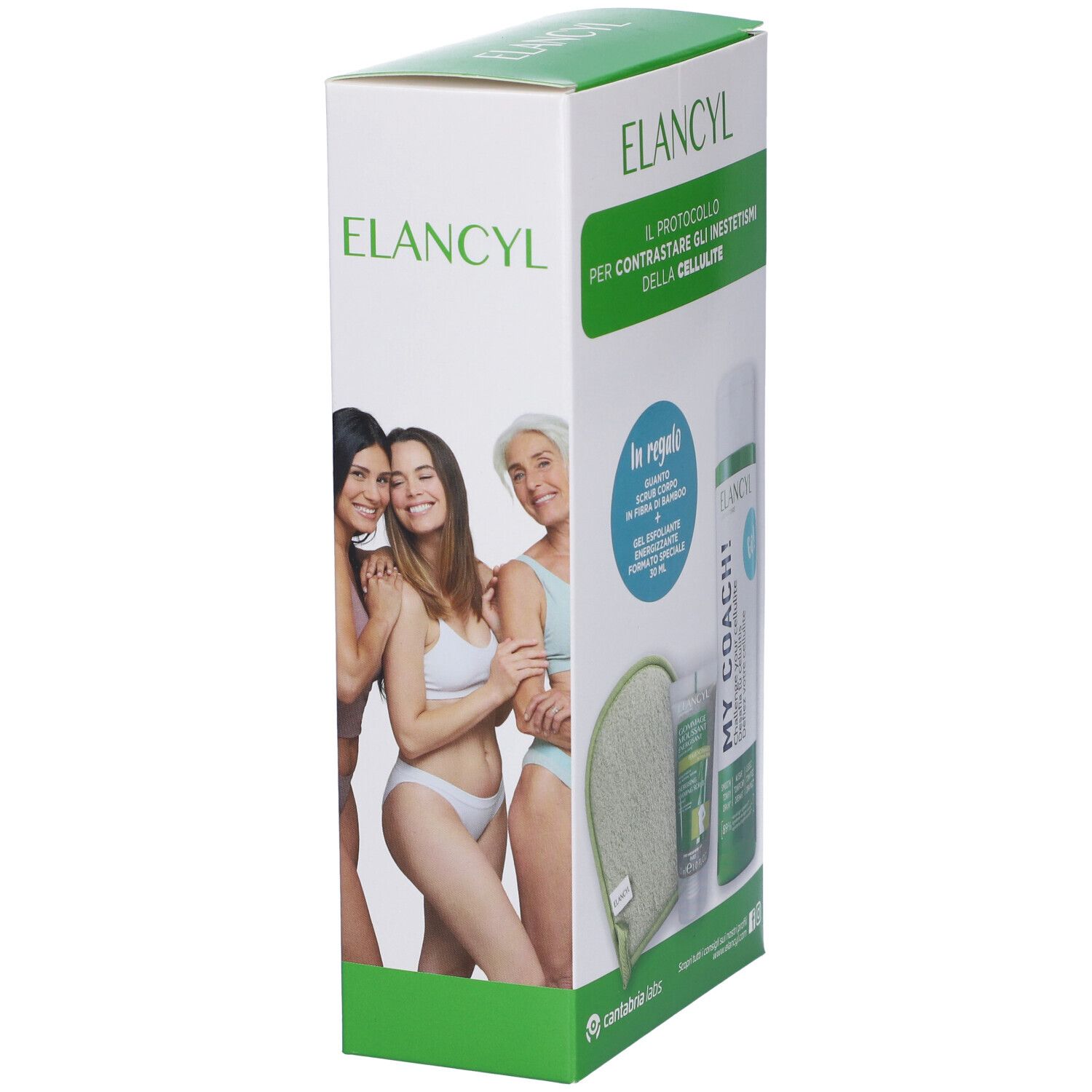 Confezione Elancyl. Contiene scrub, gel e guanto massaggio. Testo: Elancyl, MY COACH!