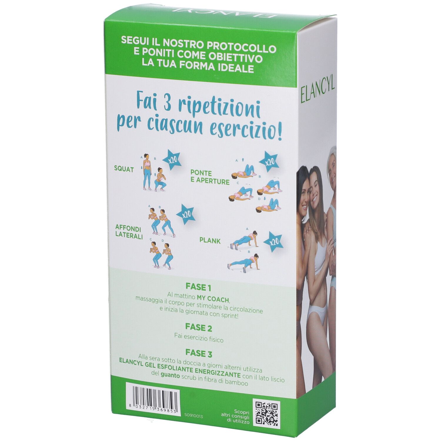 Confezione Elancyl. Contiene scrub, gel e guanto massaggio. Testo: Elancyl, MY COACH!
