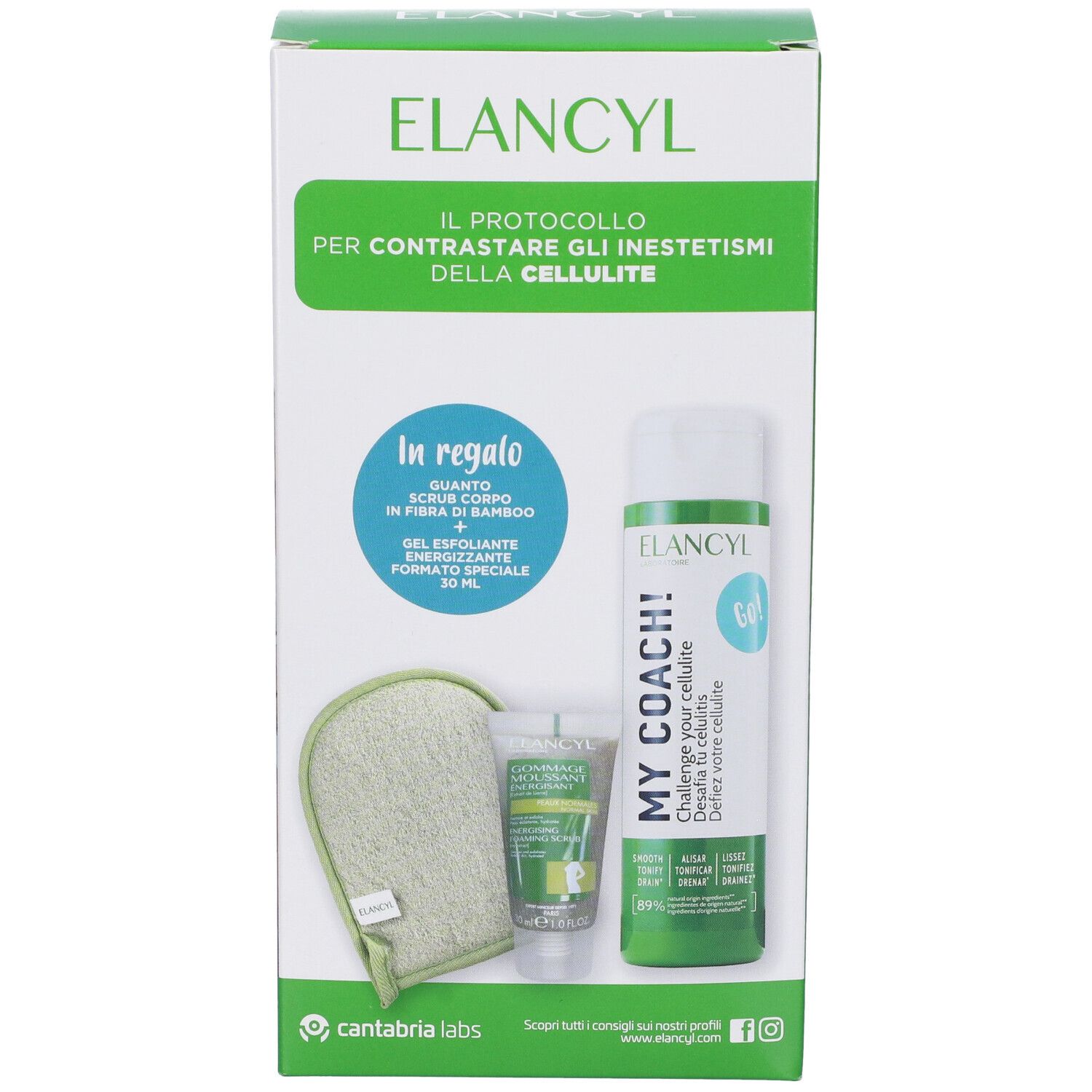Retro confezione Elancyl. Contiene ingredienti e informazioni prodotto. Testo: Elancyl, MY COACH!