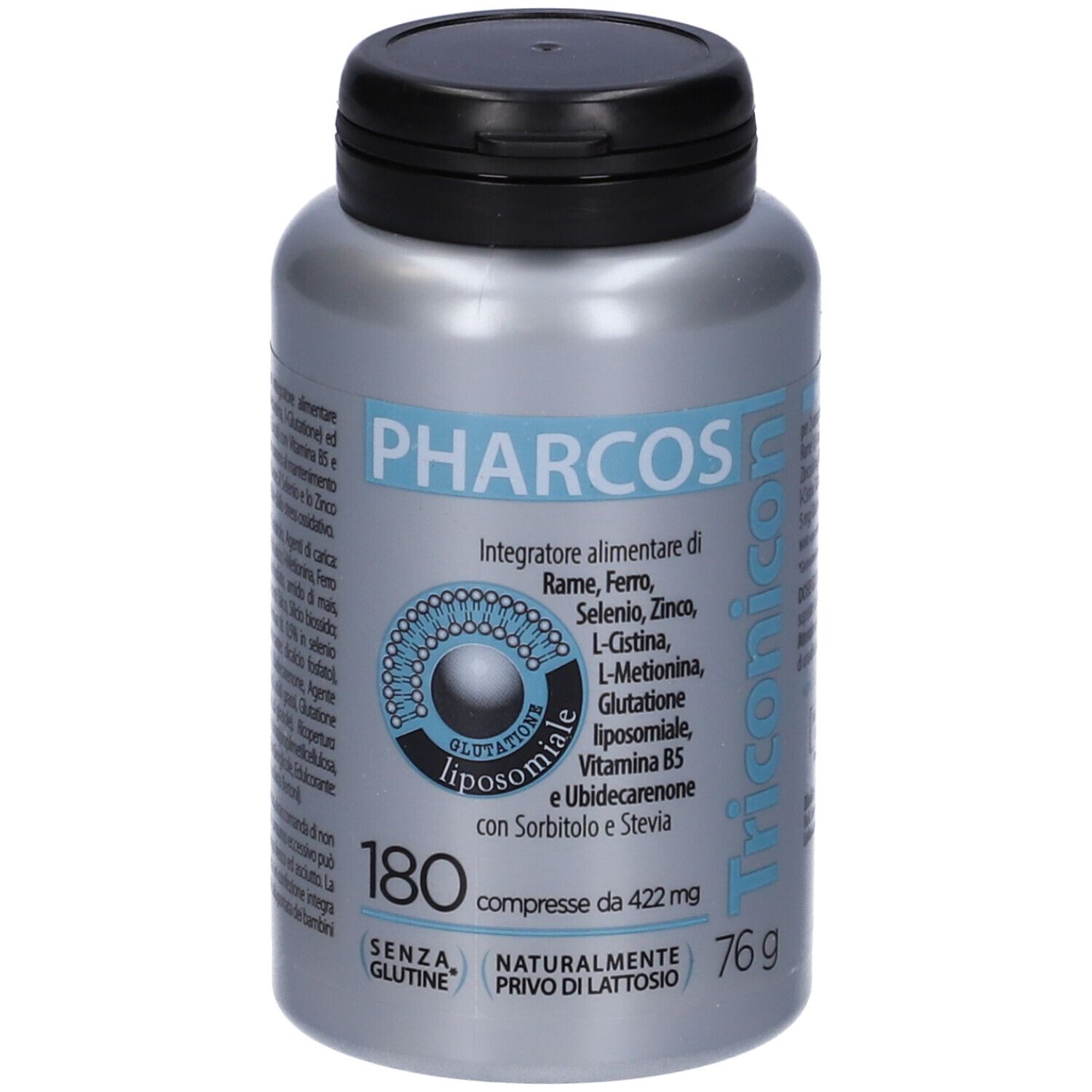 Flacone grigio con tappo nero. Scritta: Pharcos, Triconicon. Contiene 180 compresse. Senza glutine, senza lattosio.