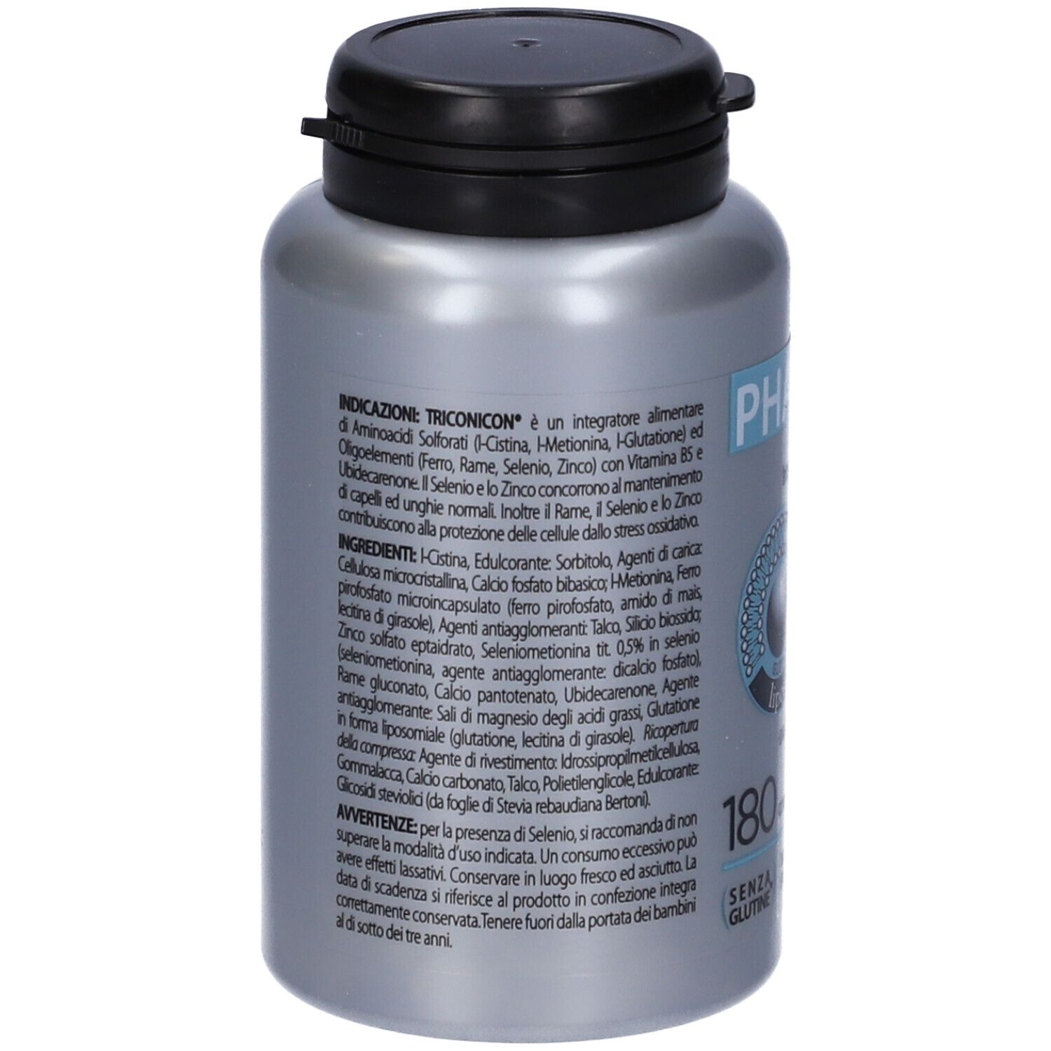 Flacone grigio con tappo nero. Retro con informazioni sugli ingredienti e avvertenze. Testo in italiano.