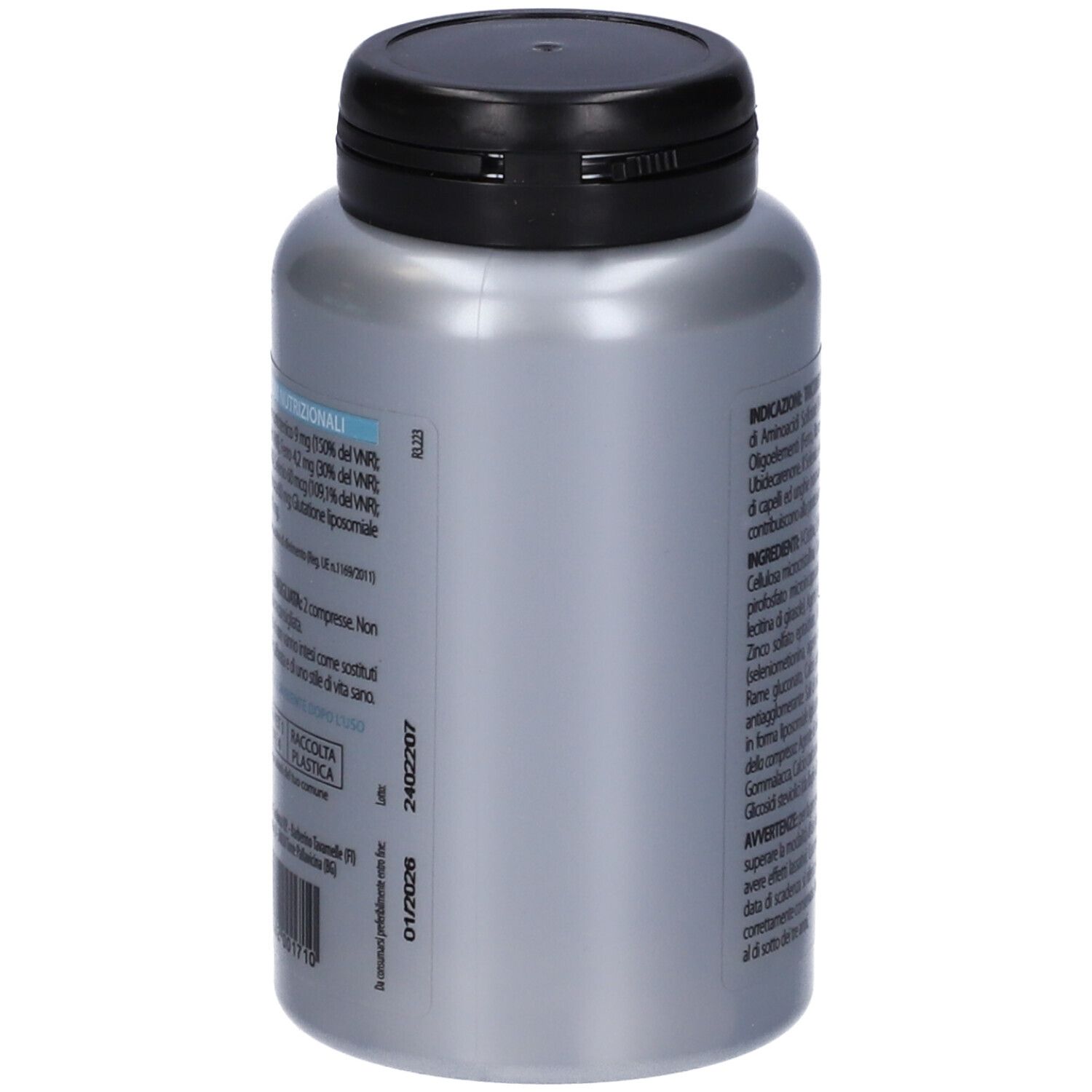 Flacone grigio con tappo nero. Scritta: Pharcos, Triconicon. Contiene 180 compresse. Senza glutine, senza lattosio.