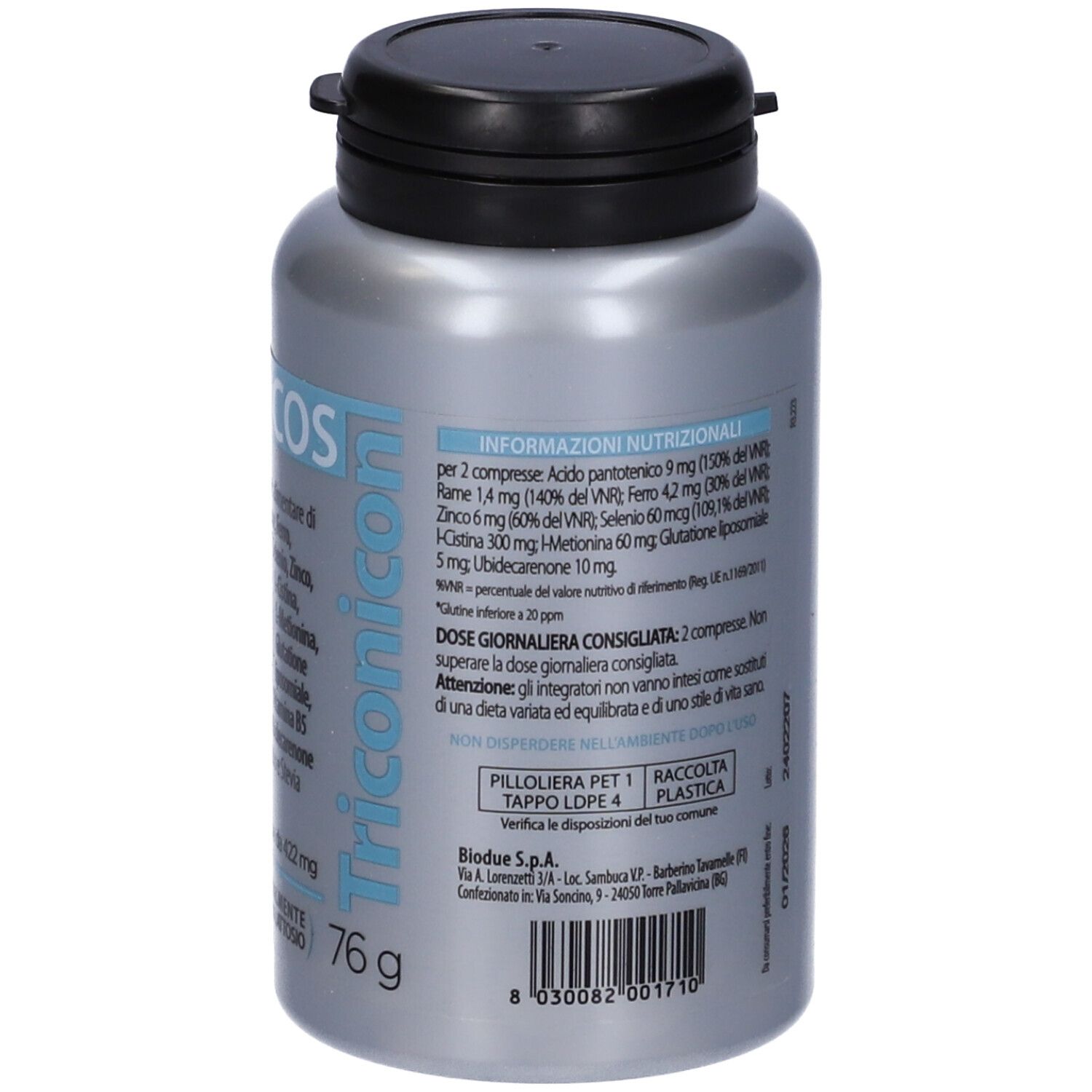 Flacone grigio con tappo nero. Scritta: Pharcos, Triconicon. Contiene 180 compresse. Senza glutine, senza lattosio.