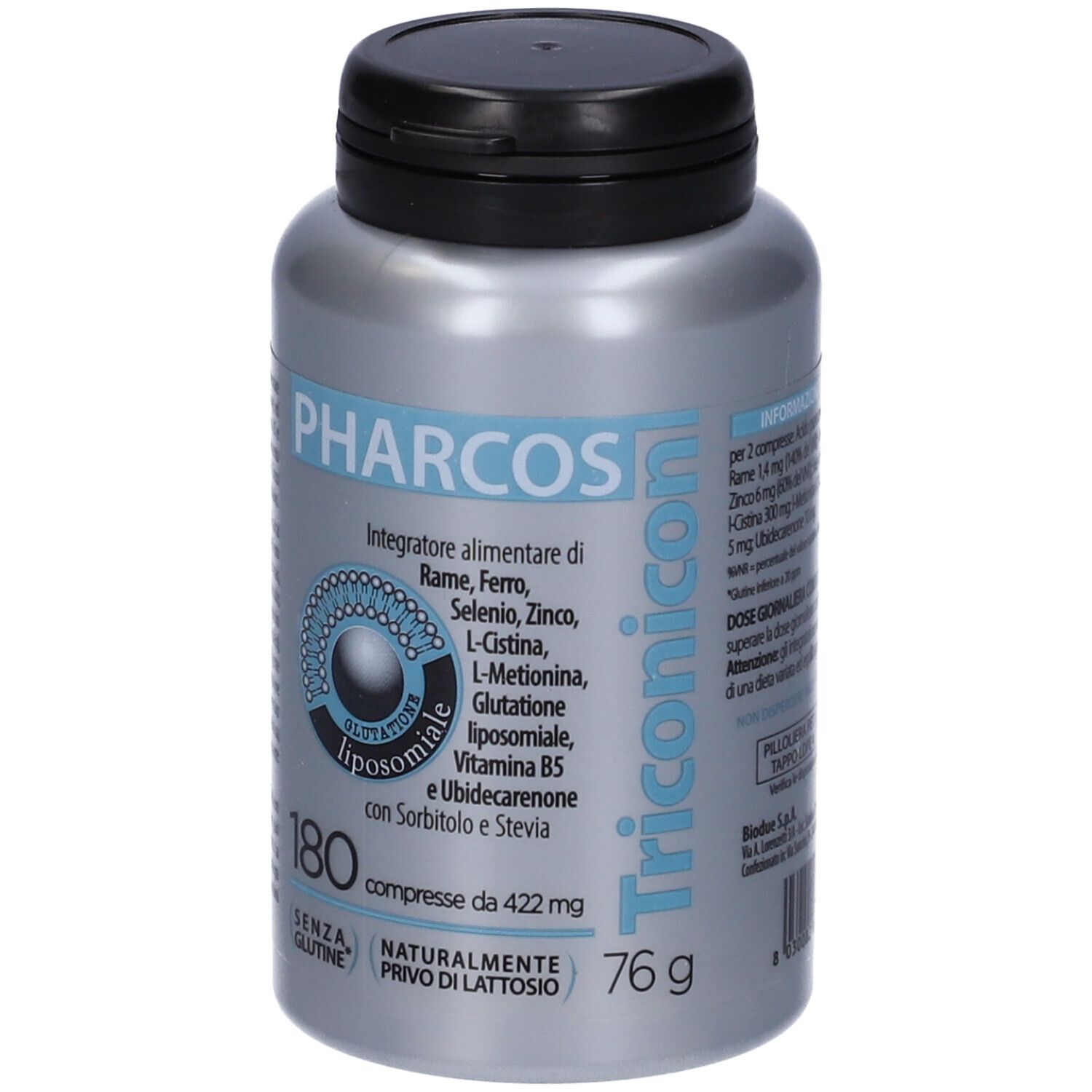Flacone grigio con tappo nero. Scritta: Pharcos, Triconicon. Contiene 180 compresse. Senza glutine, senza lattosio.