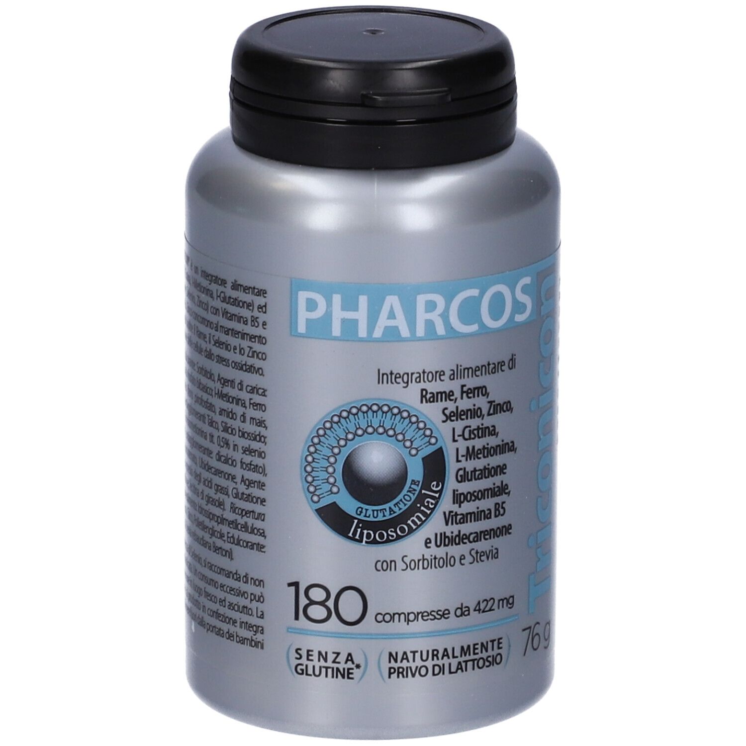 Flacone grigio con tappo nero. Scritta: Pharcos, Triconicon. Contiene 180 compresse. Senza glutine, senza lattosio.