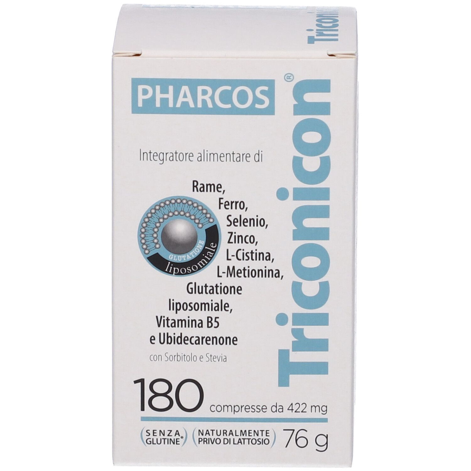Confezione bianca. Scritta: Pharcos, Triconicon. Contiene 180 compresse. Senza glutine, senza lattosio.