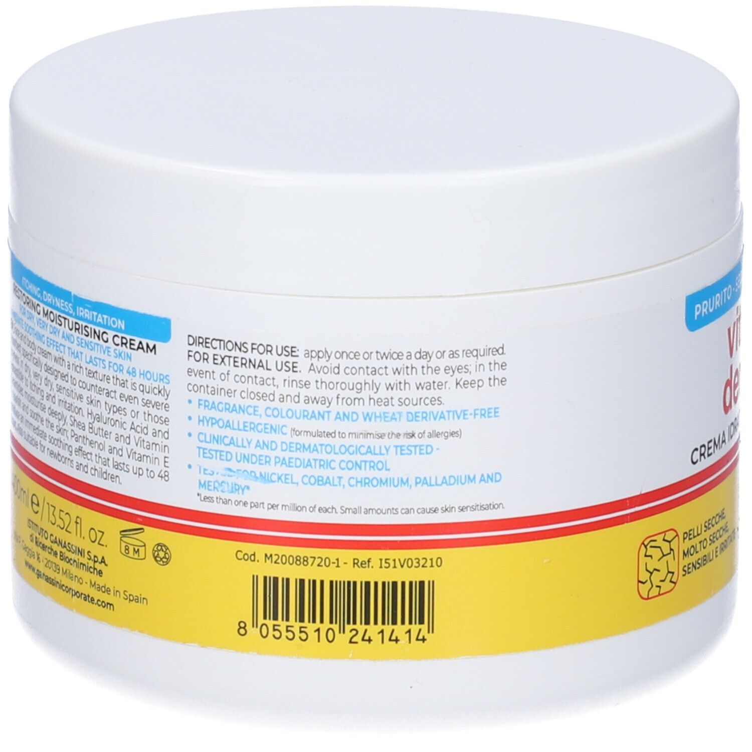 Retro del vaso bianco. Testo: Restoring Moisturising Cream. Ingredienti, istruzioni per l'uso, produttore.