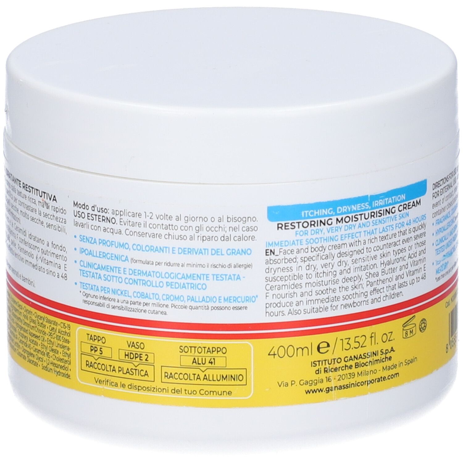 Retro del vaso bianco. Testo: Restoring Moisturising Cream. 400ml. Informazioni sul produttore.