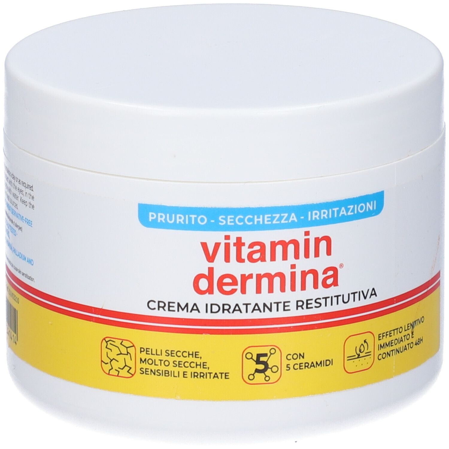 Vaso bianco di crema Vitamin Dermina. Scritta: Crema idratante restitutiva. Accenti gialli e blu.