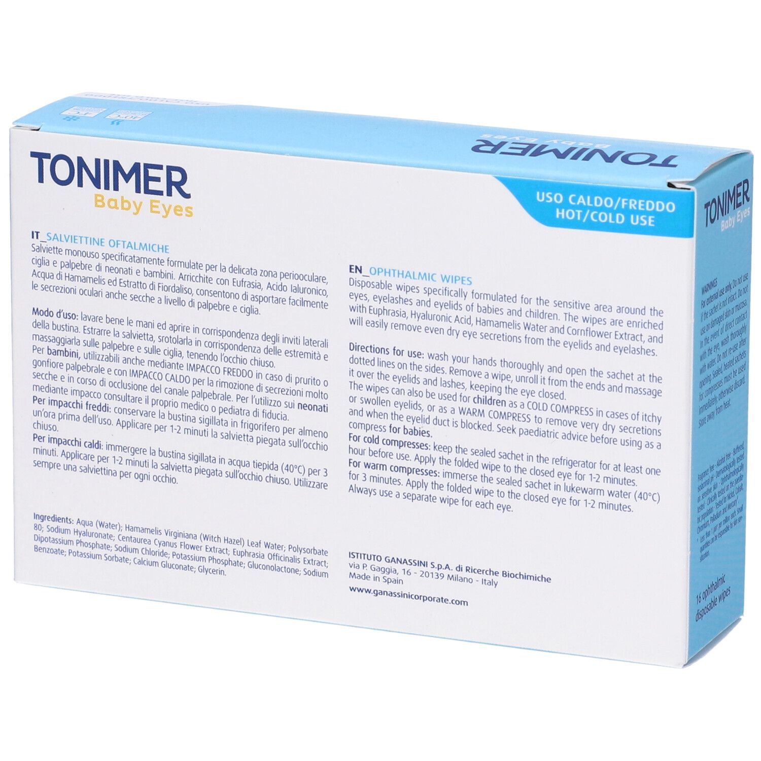 Rückseite der Verpackung "TONIMER Baby Eyes" mit Text in mehreren Sprachen. Hinweise zur Anwendung.