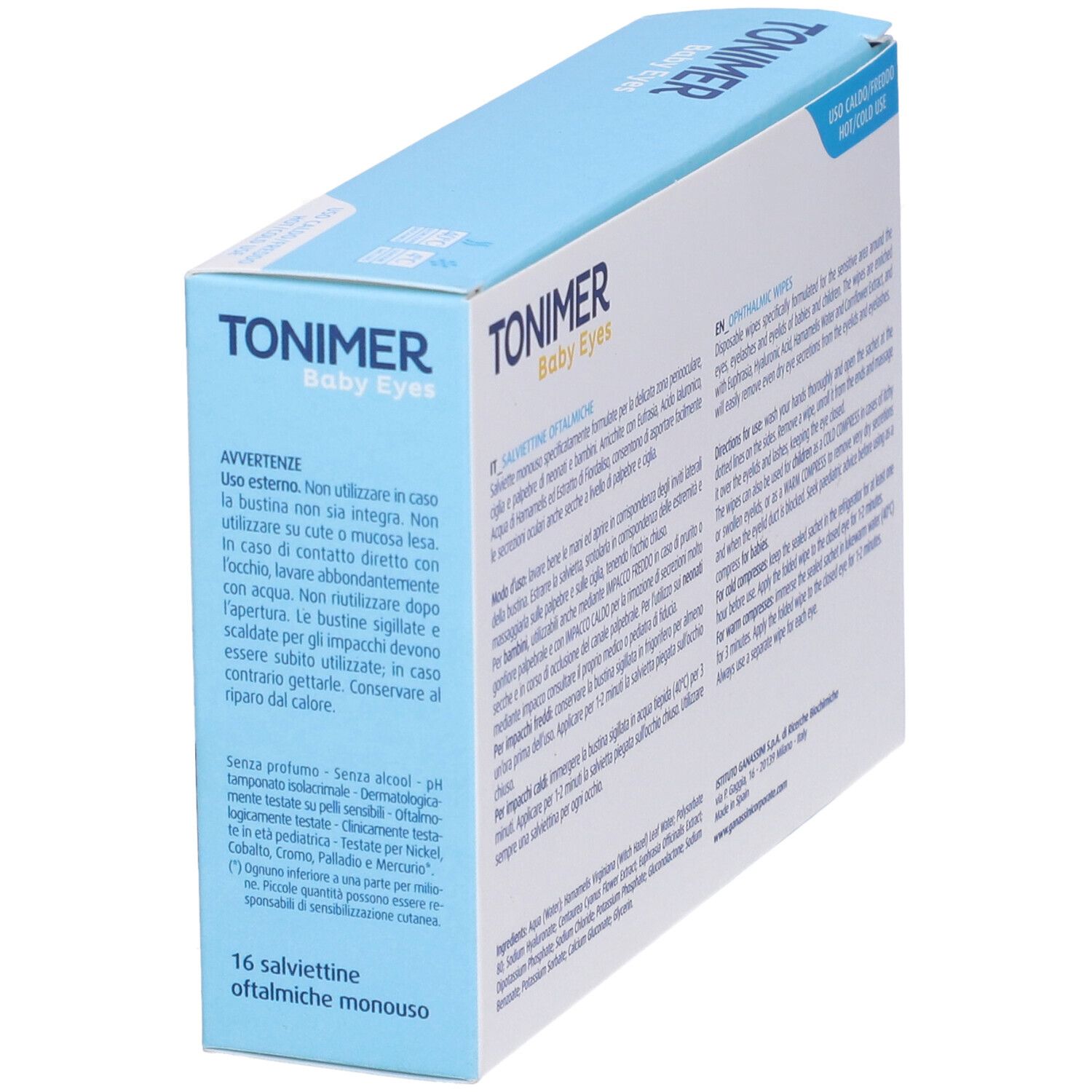 Seitenansicht der Verpackung "TONIMER Baby Eyes" mit Text. Hinweise und Warnungen.