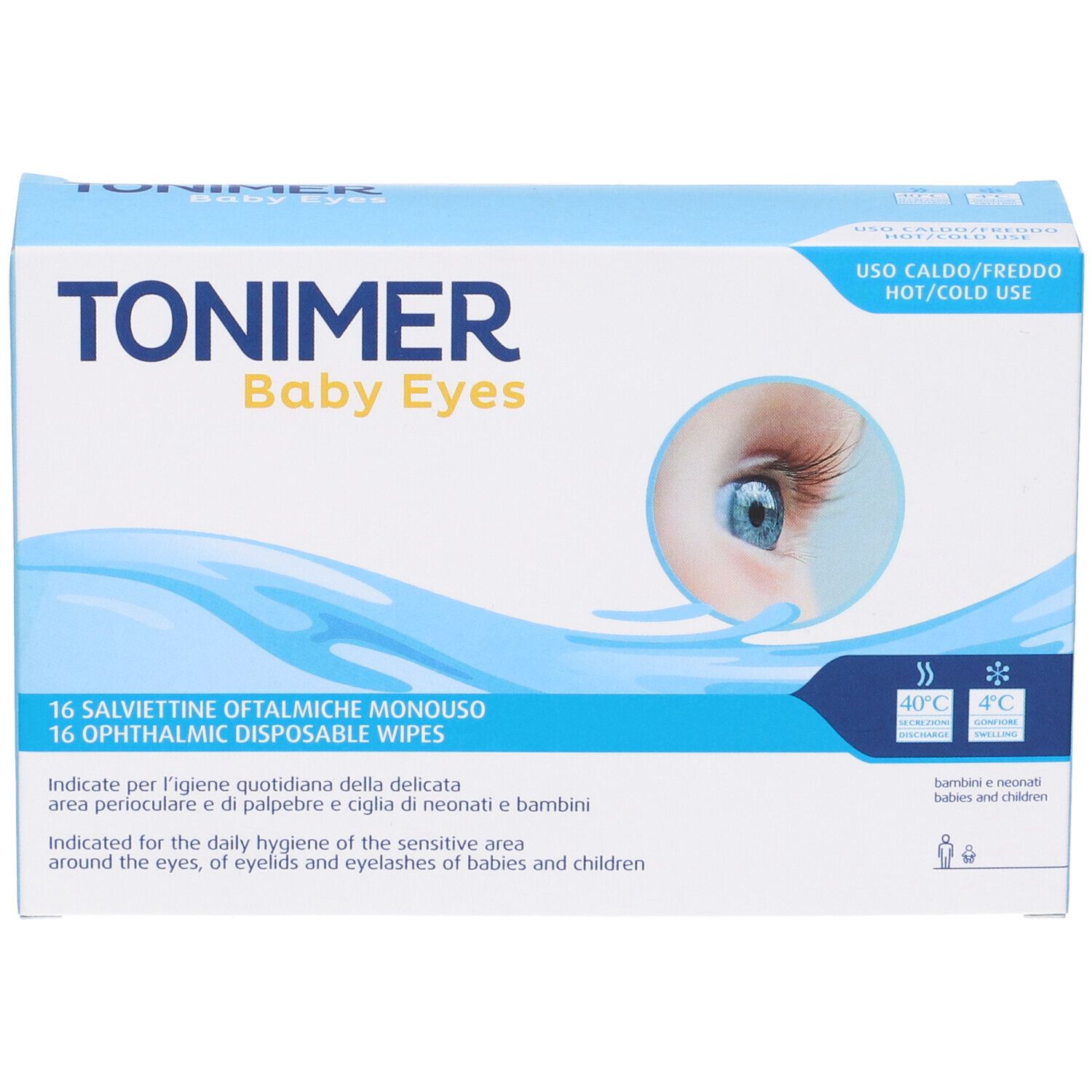 Verpackung "TONIMER Baby Eyes" mit 16 ophthalmischen Tüchern. Abbildung eines Babyauges.