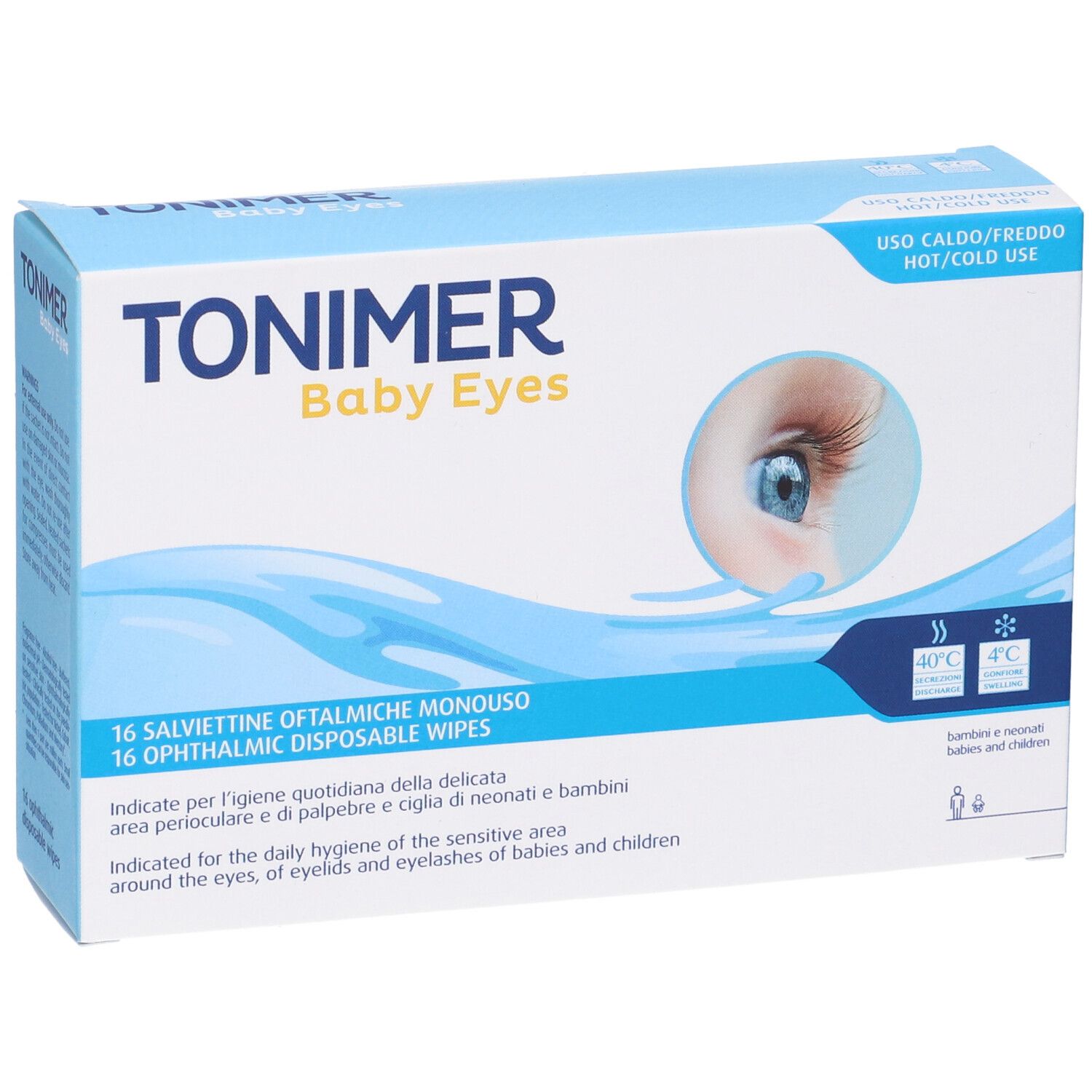 Verpackung "TONIMER Baby Eyes" mit 16 ophthalmischen Tüchern. Abbildung eines Babyauges.