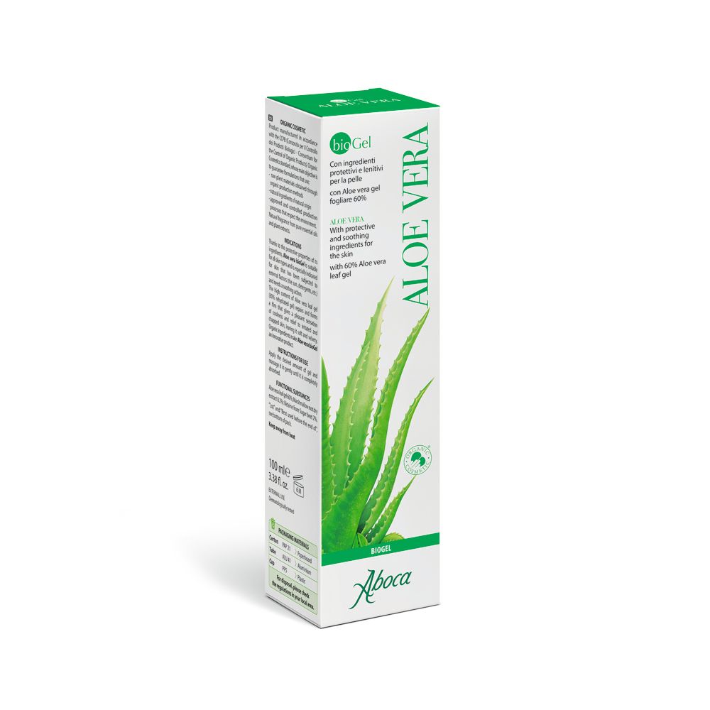Confezione rettangolare di Aboca Biogel Aloe Vera Gel. Colori verde e bianco, con motivo aloe vera e informazioni sul prodotto.