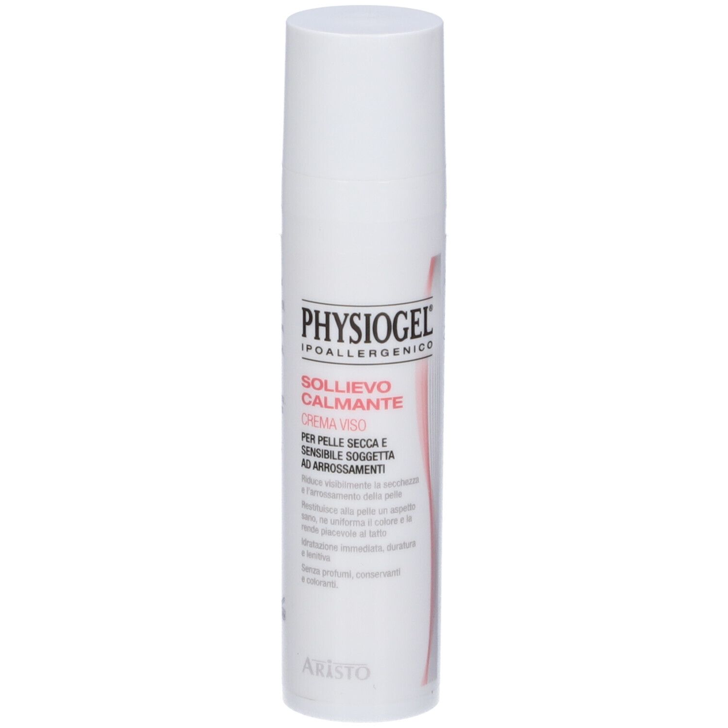 Weiße Tube mit Produktaufdruck. Text: Physiogel, Sollievo Calmante Crema Viso. Für trockene, empfindliche Haut.