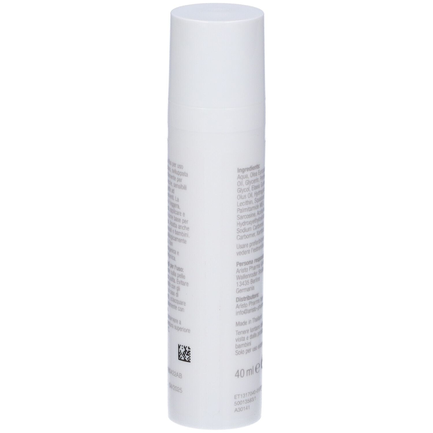 Rückseite der weißen Tube. Text: Inhaltsstoffe, 40 ml, Herstellerinformationen.