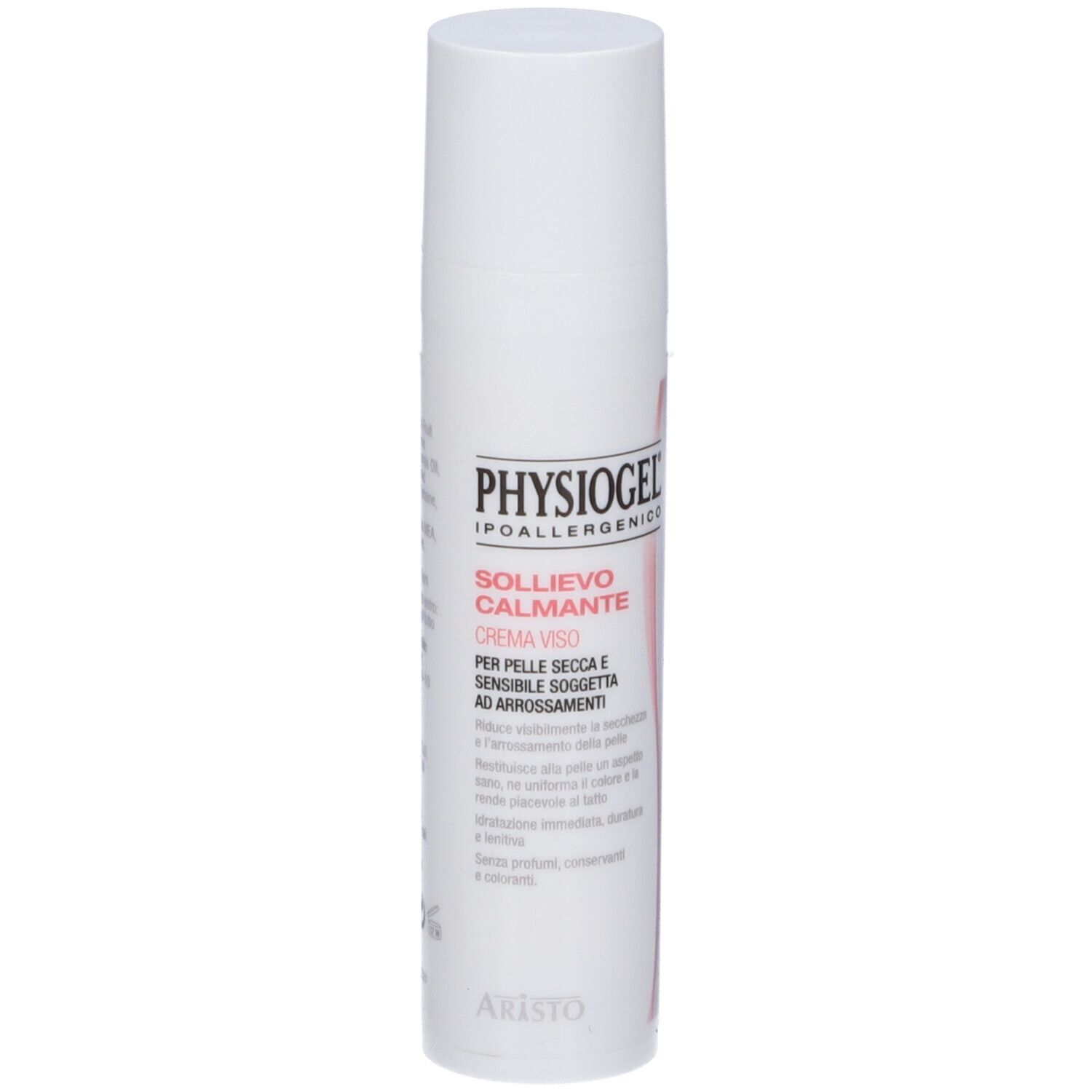 Weiße Tube mit Produktaufdruck. Text: Physiogel, Sollievo Calmante Crema Viso. Für trockene, empfindliche Haut.