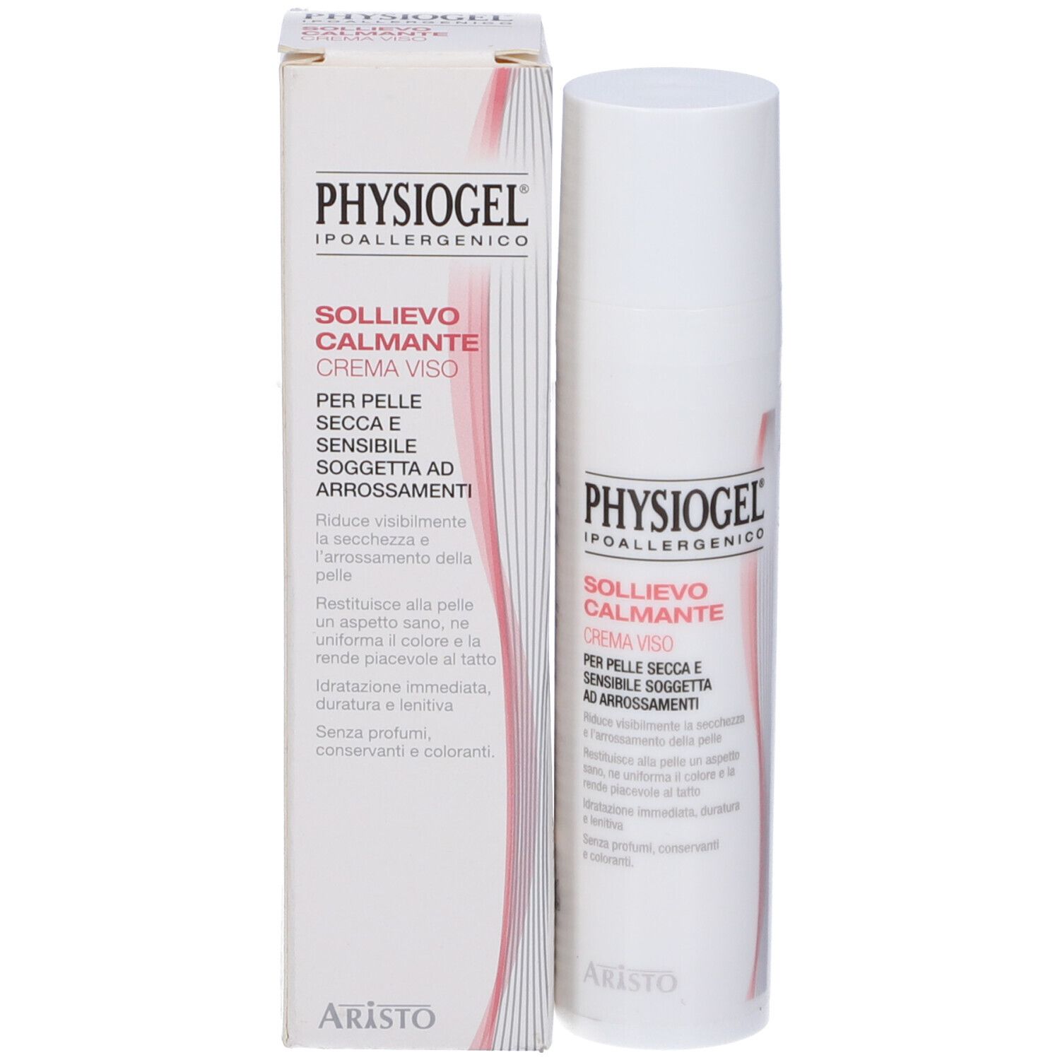 Produktverpackung und Tube. Text: Physiogel, Sollievo Calmante Crema Viso. Für trockene, empfindliche Haut.