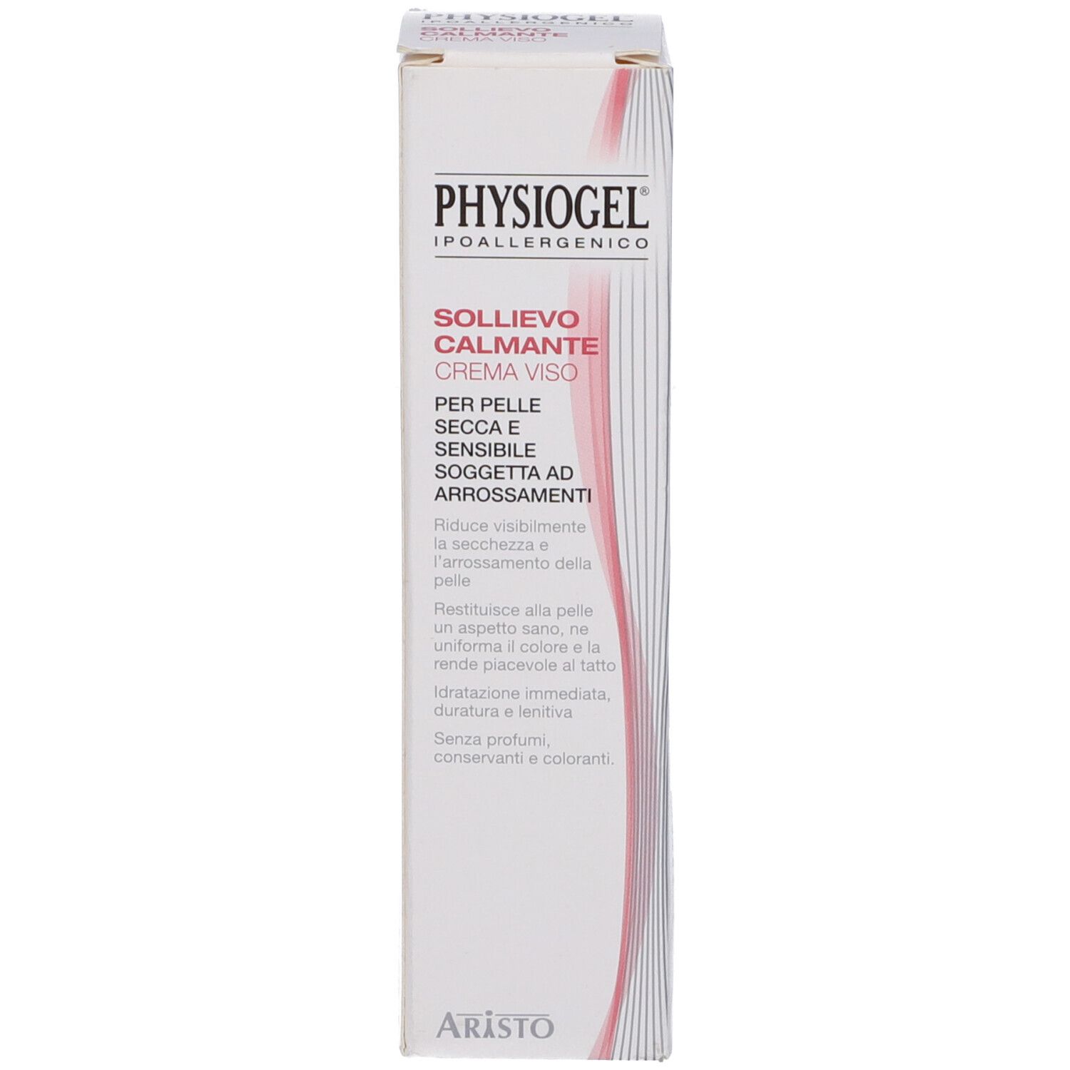 Produktverpackung. Text: Physiogel, Sollievo Calmante Crema Viso. Für trockene, empfindliche Haut.