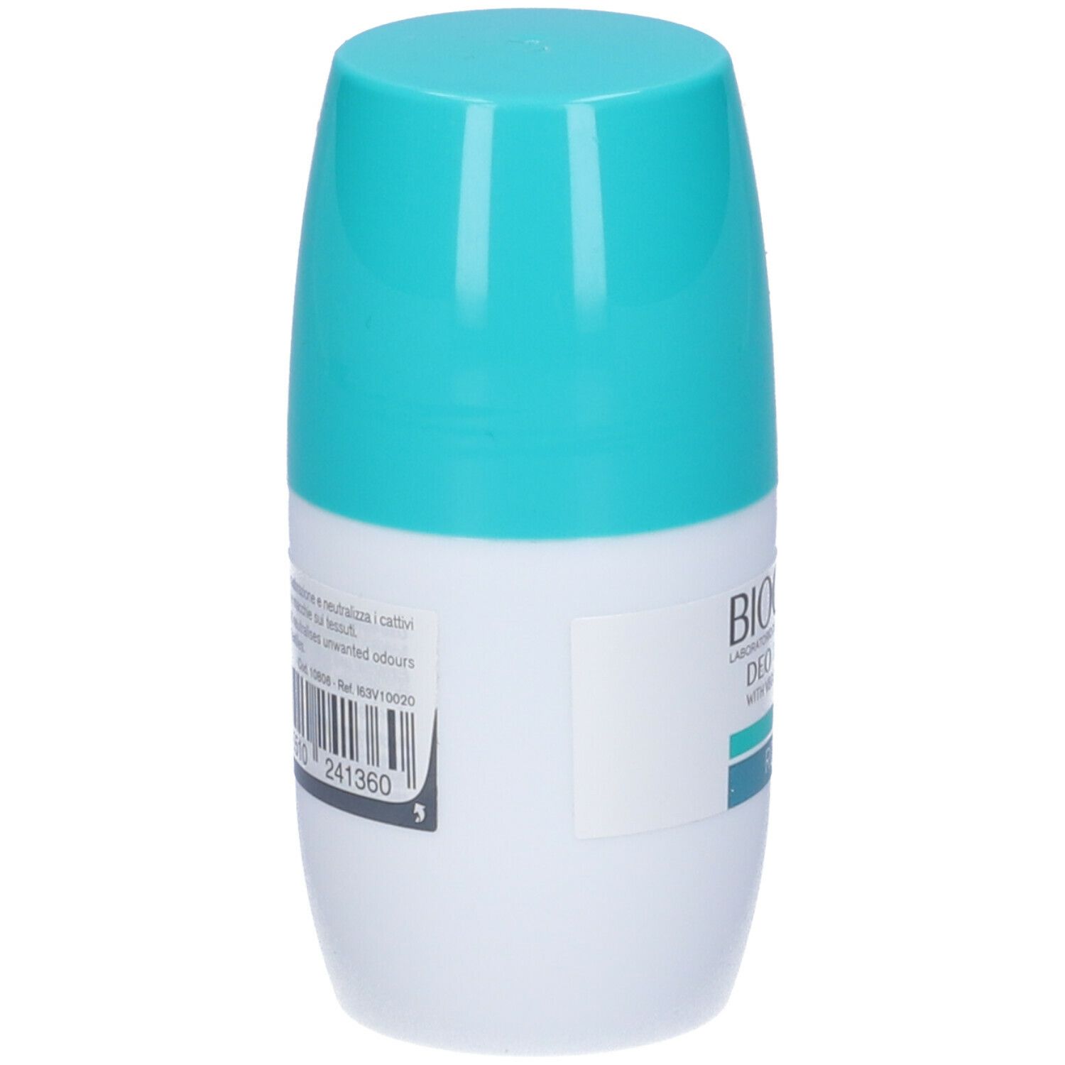 Deodorante roll-on bianco e turchese. Retro con testo e codice a barre. Tappo turchese.