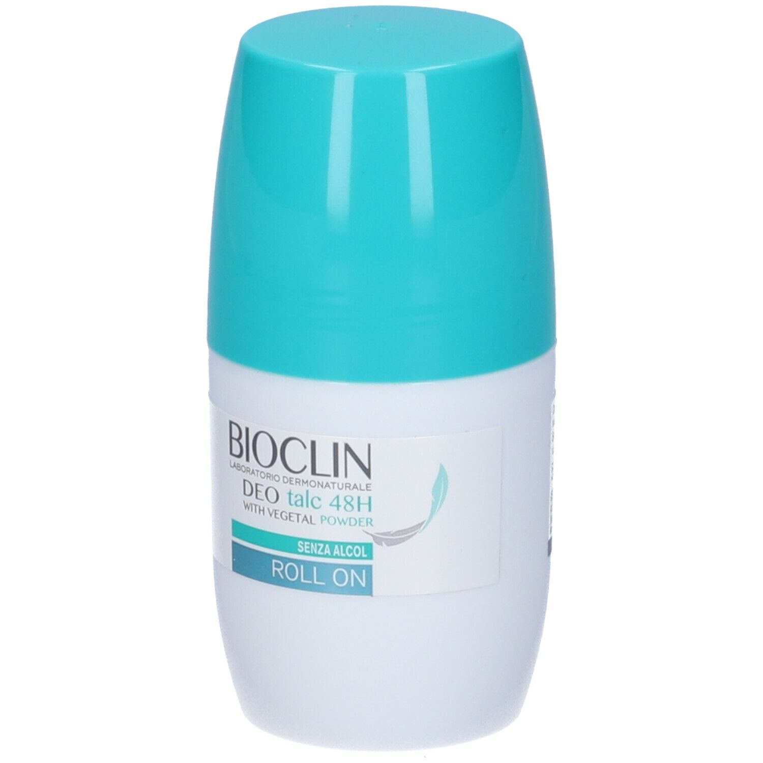 Deodorante roll-on bianco e turchese. Scritta: BIOCLIN, DEO talc 48H, WITH VEGETAL POWDER, SENZA ALCOL, ROLL ON.
