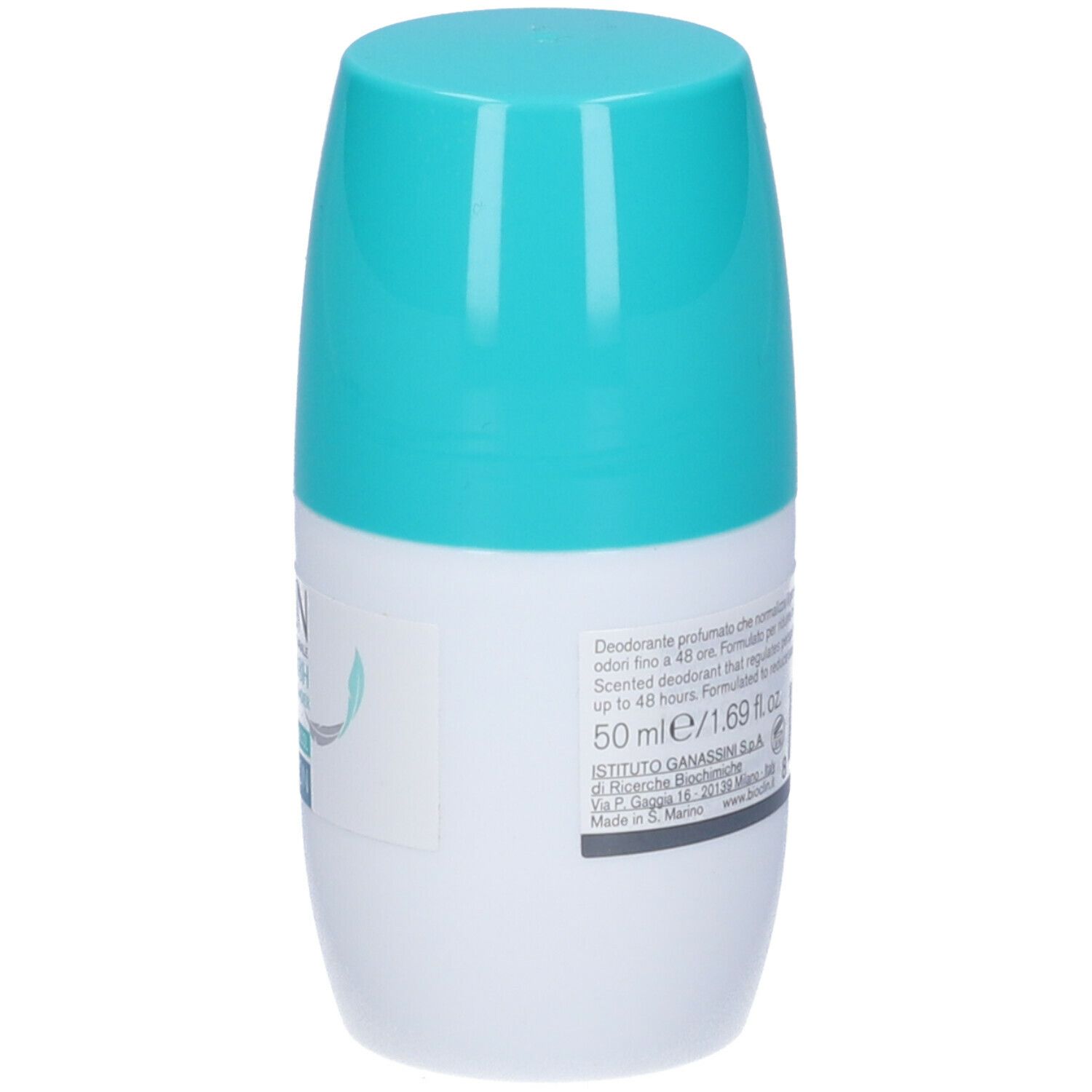 Deodorante roll-on bianco e turchese. Retro con testo. Tappo turchese.