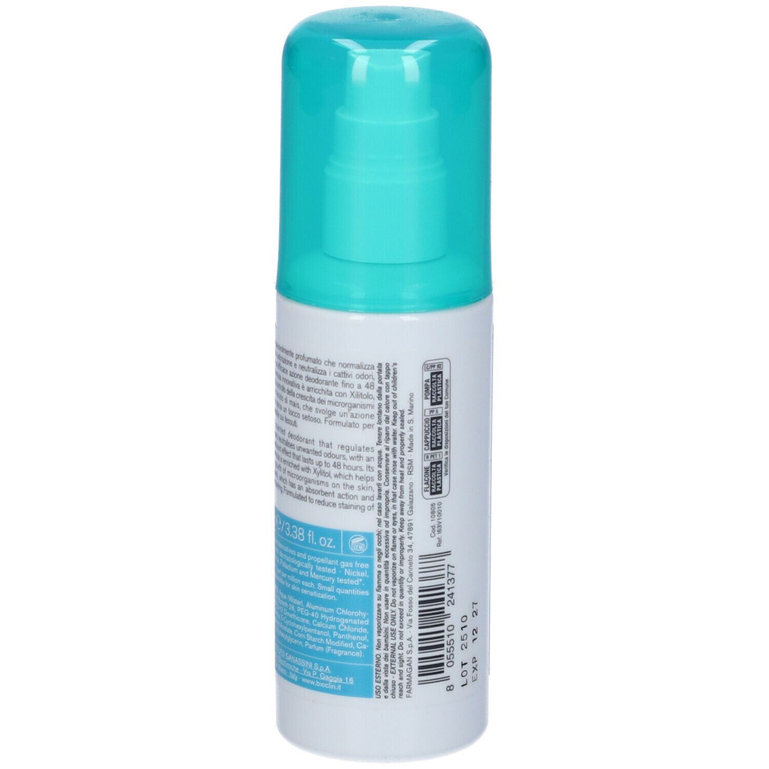 Deo Control Talc 48h Vapo. Retro del flacone bianco con informazioni sul prodotto e ingredienti.