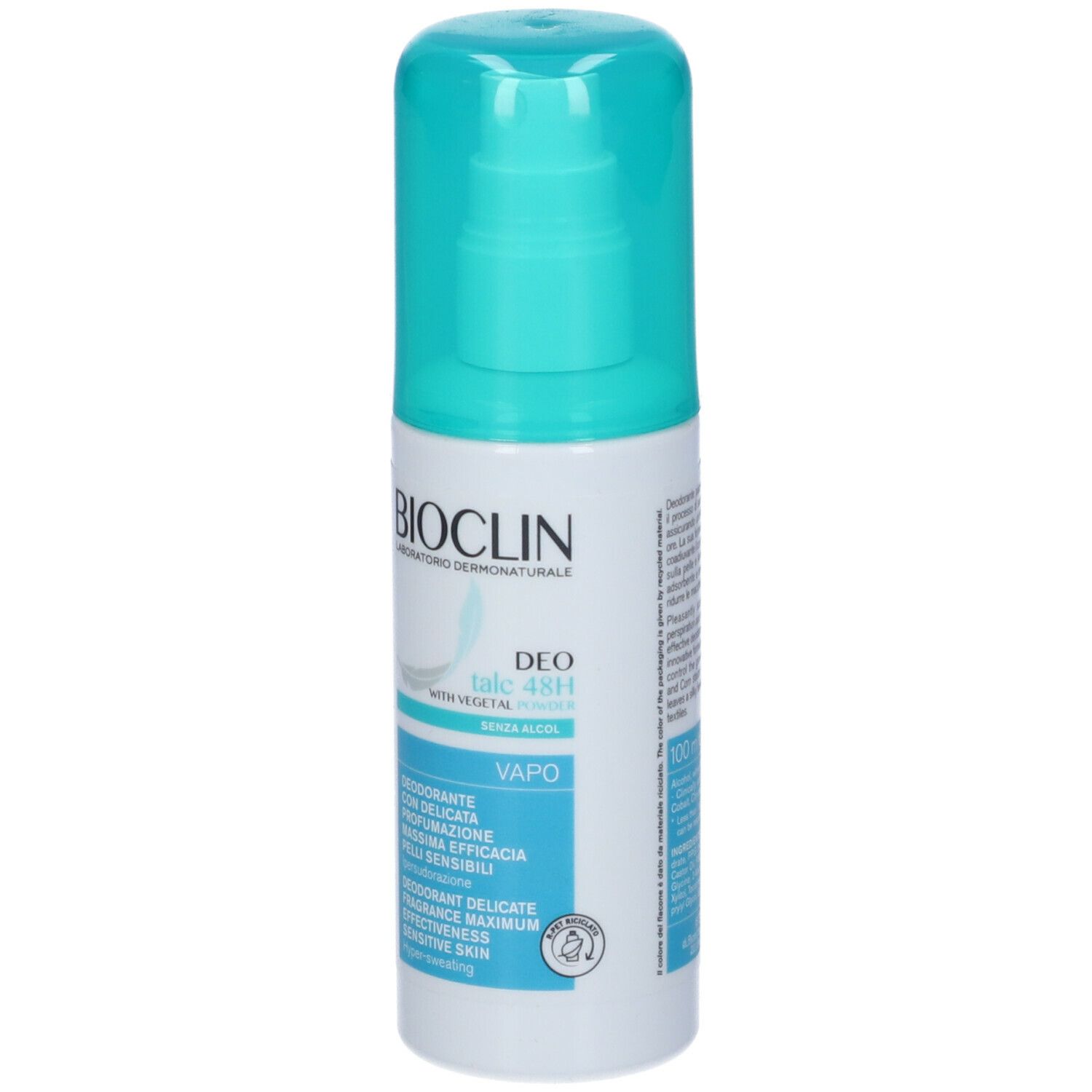 Deo Control Talc 48h Vapo. Flacone bianco con erogatore blu. Scritta BIOCLIN e informazioni sul prodotto.