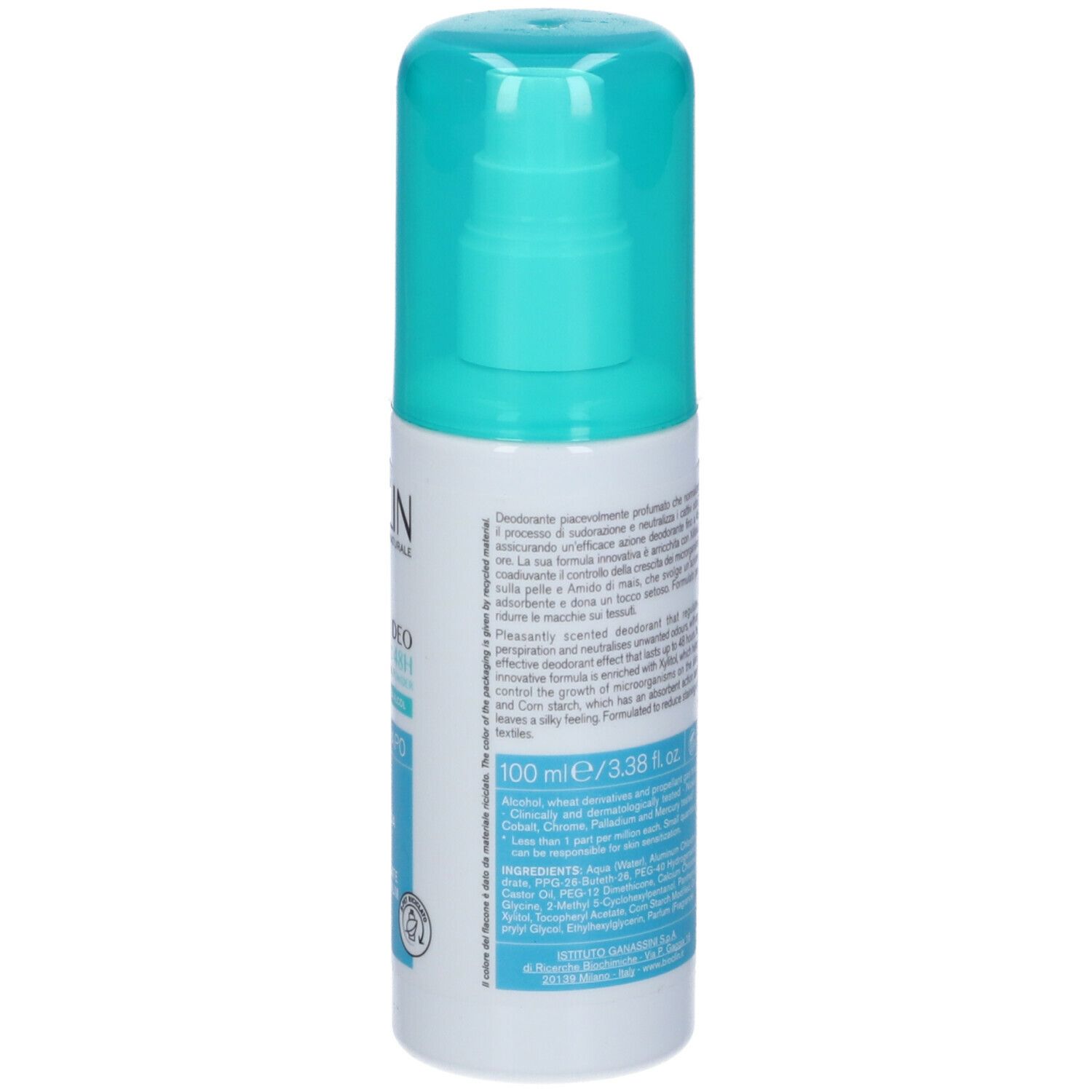 Deo Control Talc 48h Vapo. Retro del flacone bianco con informazioni sul prodotto e ingredienti.