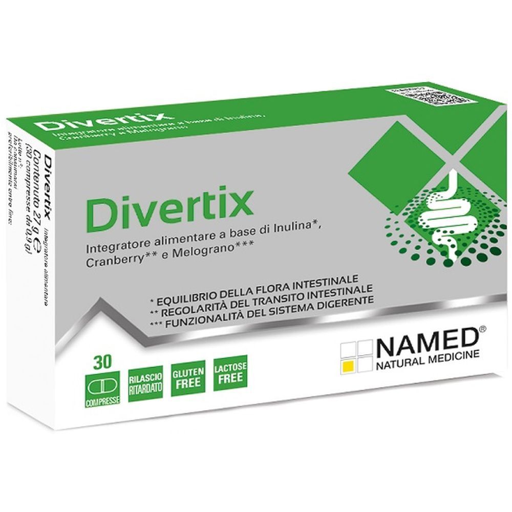 Scatola di compresse "Divertix". Confezione verde e bianca con nome del prodotto, ingredienti e logo "NAMED".