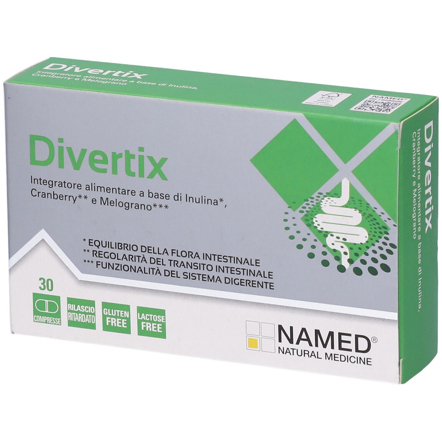 Scatola "Divertix" con 30 compresse. Confezione verde e bianca con nome del prodotto, ingredienti e logo "NAMED".